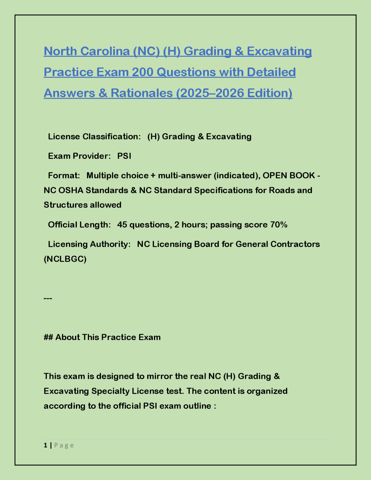 North Carolina (NC) (H) Grading & Excavating Practice Exam 200 ...