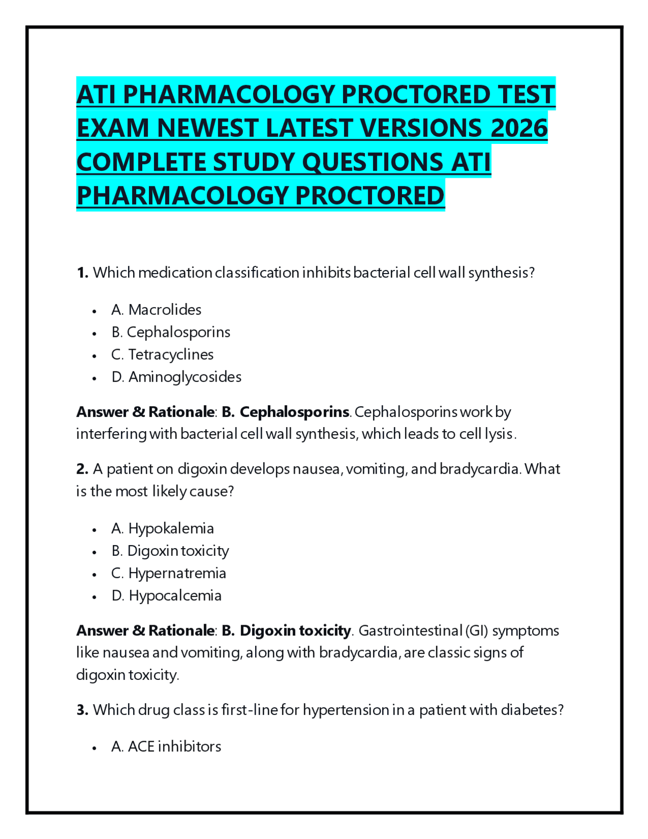 ATI PHARMACOLOGY PROCTORED TEST EXAM NEWEST LATEST VERSIONS 2026 ...