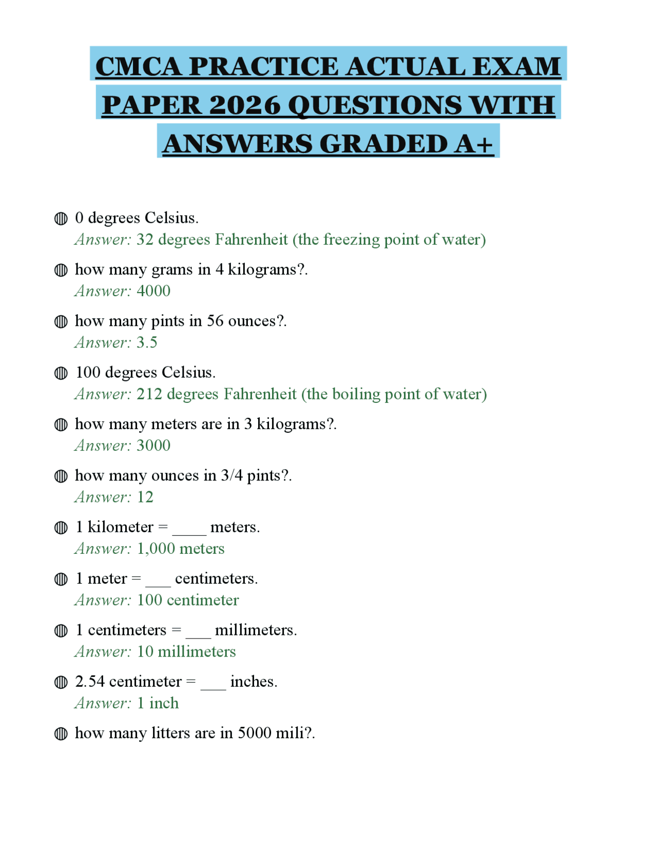 CMCA PRACTICE ACTUAL EXAM PAPER 2026 QUESTIONS WITH ANSWERS GRADED A+ ...