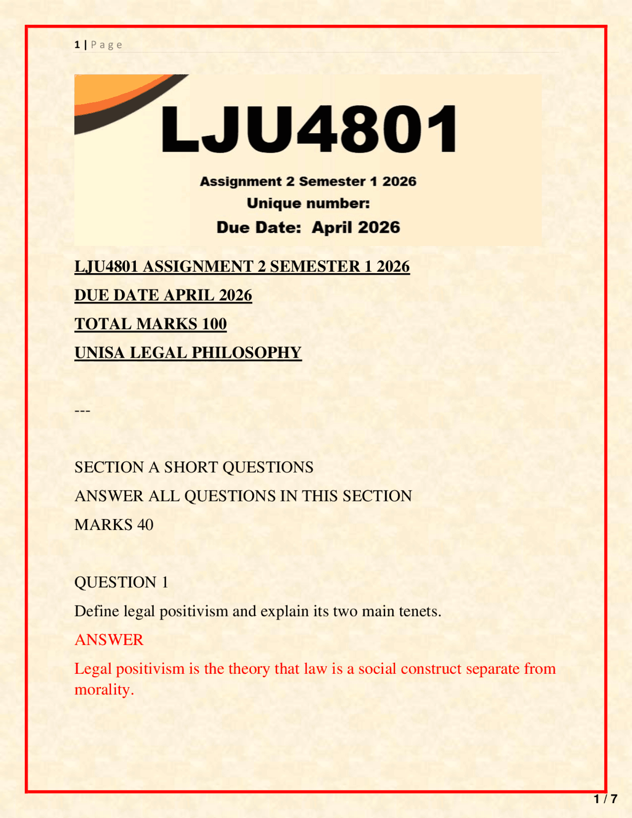 LJU4801 ASSIGNMENT 2 SEMESTER 1 2026 DUE DATE APRIL 2026 TOTAL MARKS ...