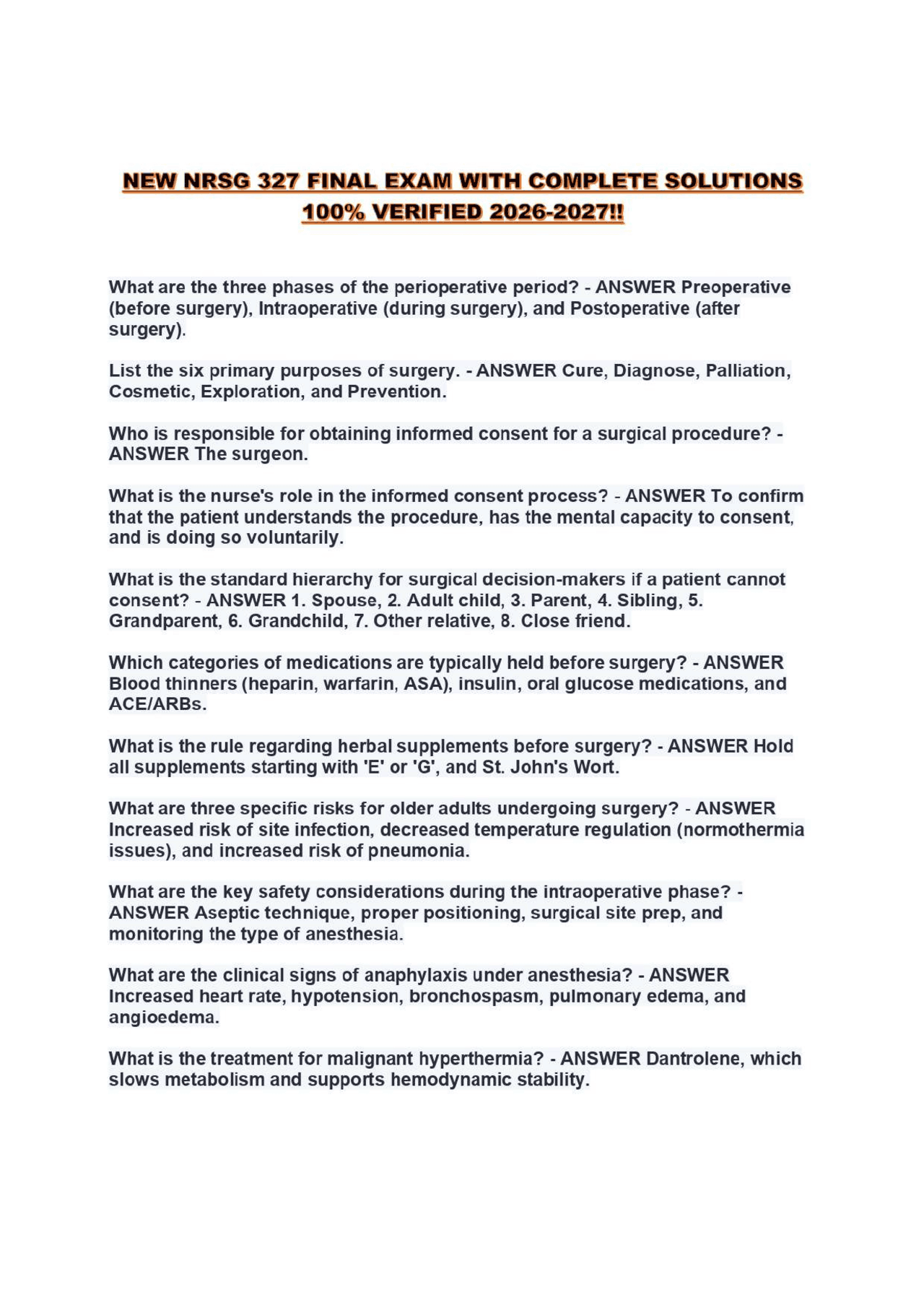 NEW NRSG 327 FINAL EXAM WITH COMPLETE SOLUTIONS 100% VERIFIED 2026-2027 ...