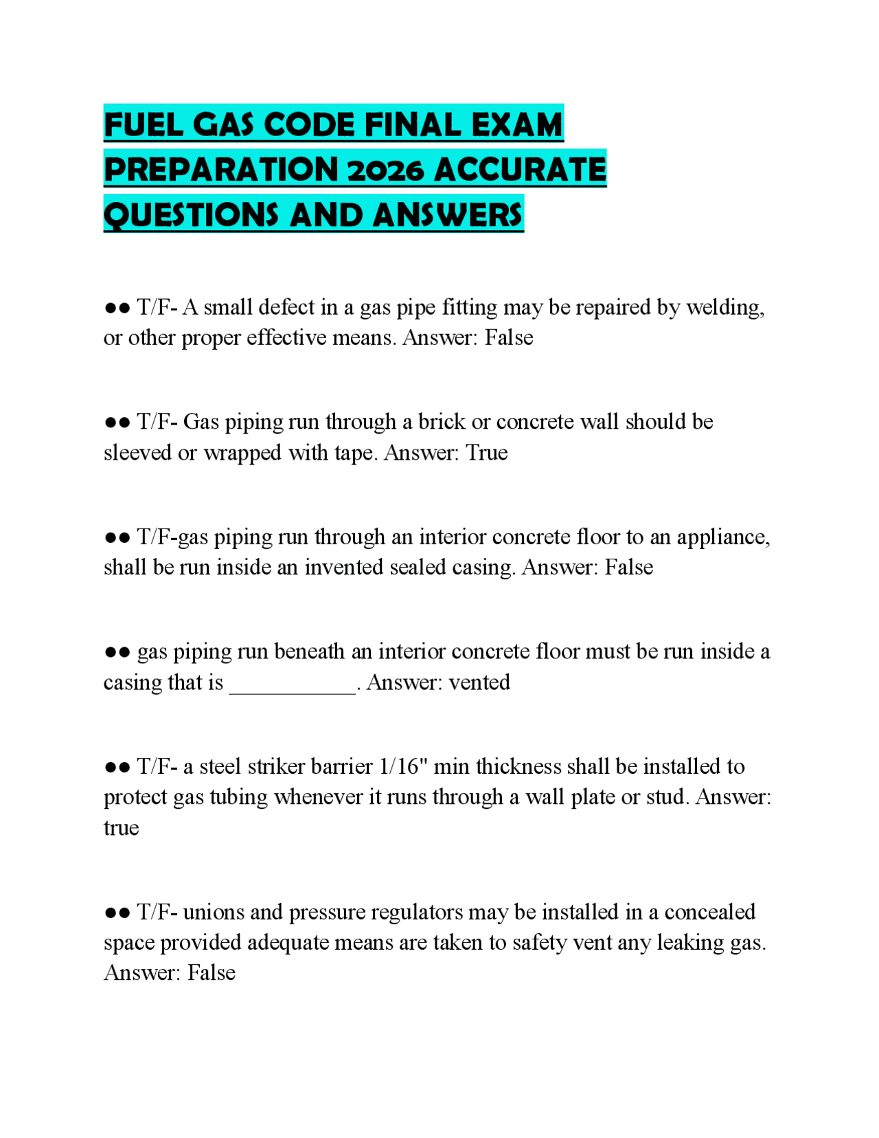 Gas Code Questions Worksheet FUEL GAS CODE FINAL EXAM PREPARATION 2026 ACCURATE QUESTIONS AND ...