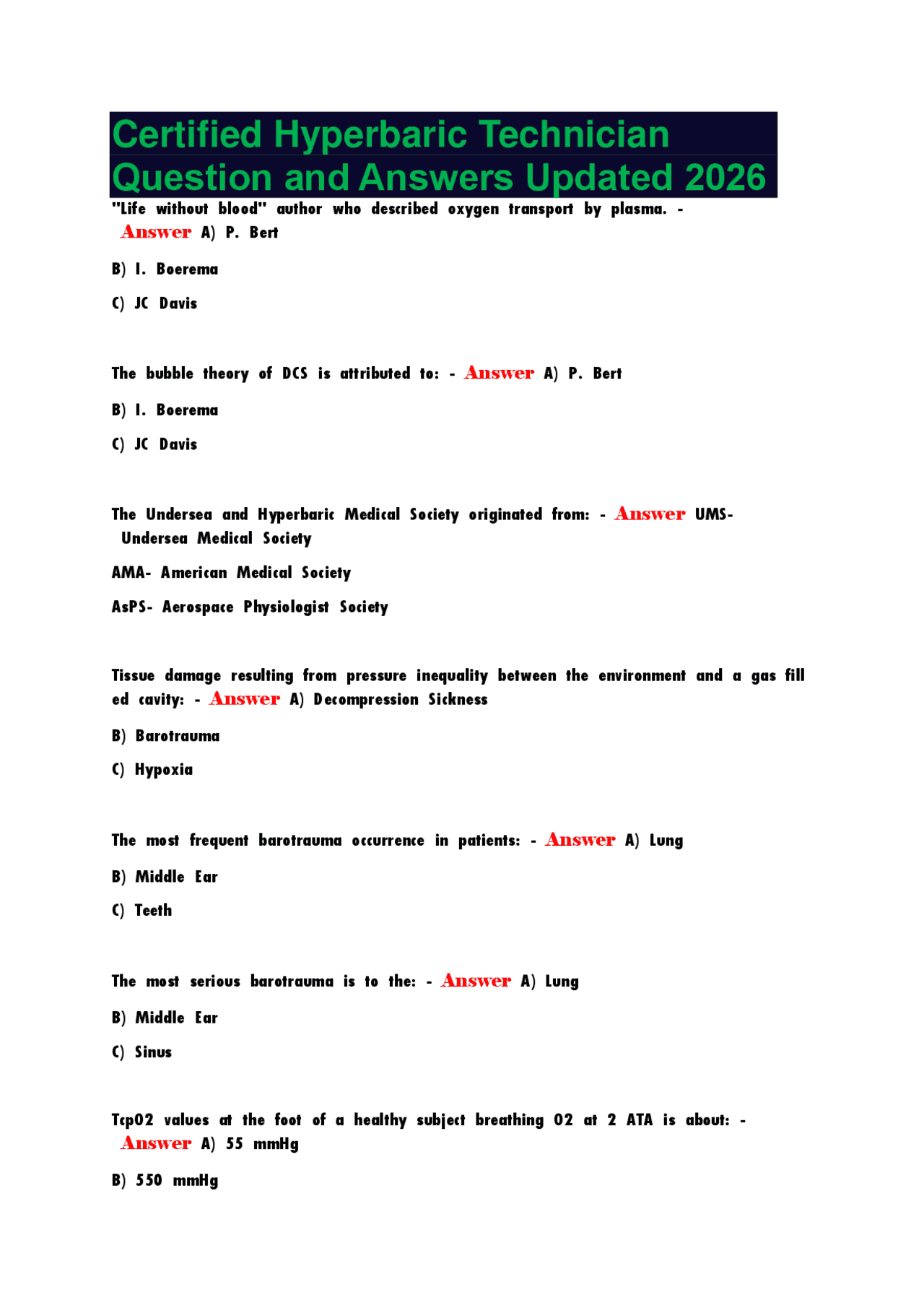 Certified Hyperbaric Technician Question and Answers Updated 2026 ...