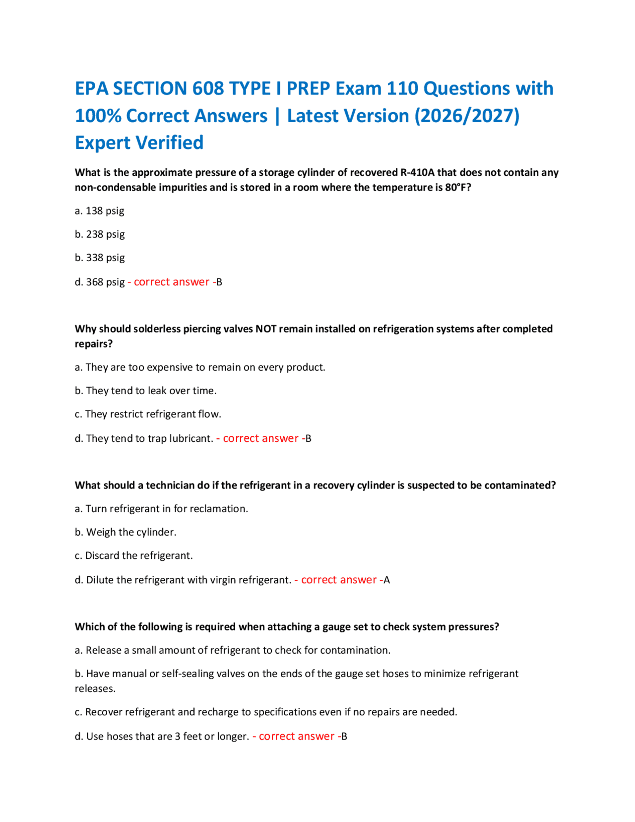 EPA SECTION 608 TYPE I PREP Exam 110 Questions with 100% Correct ...