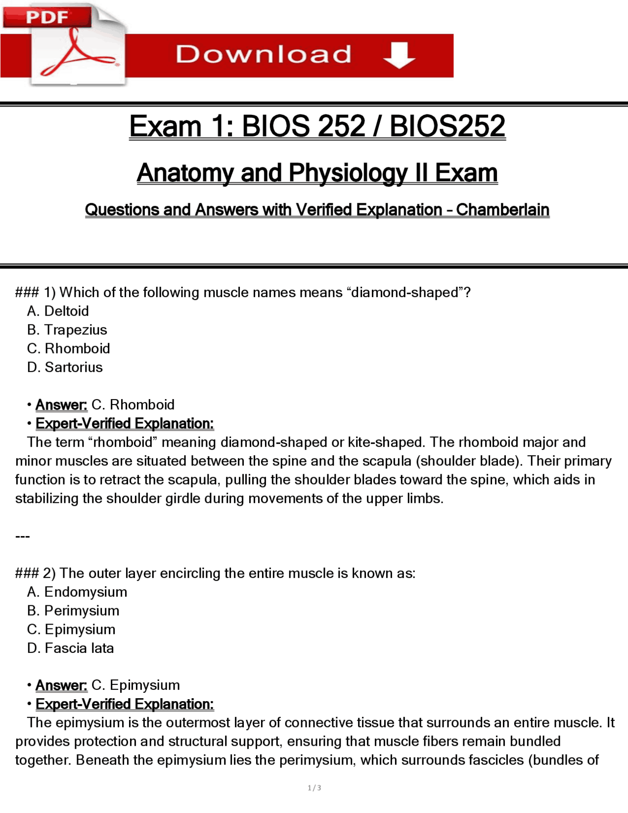 BIOS 252 Exam 1 (PDF) | (2026) A&P II Q&A | Chamberlain Anatomy | Exams ...
