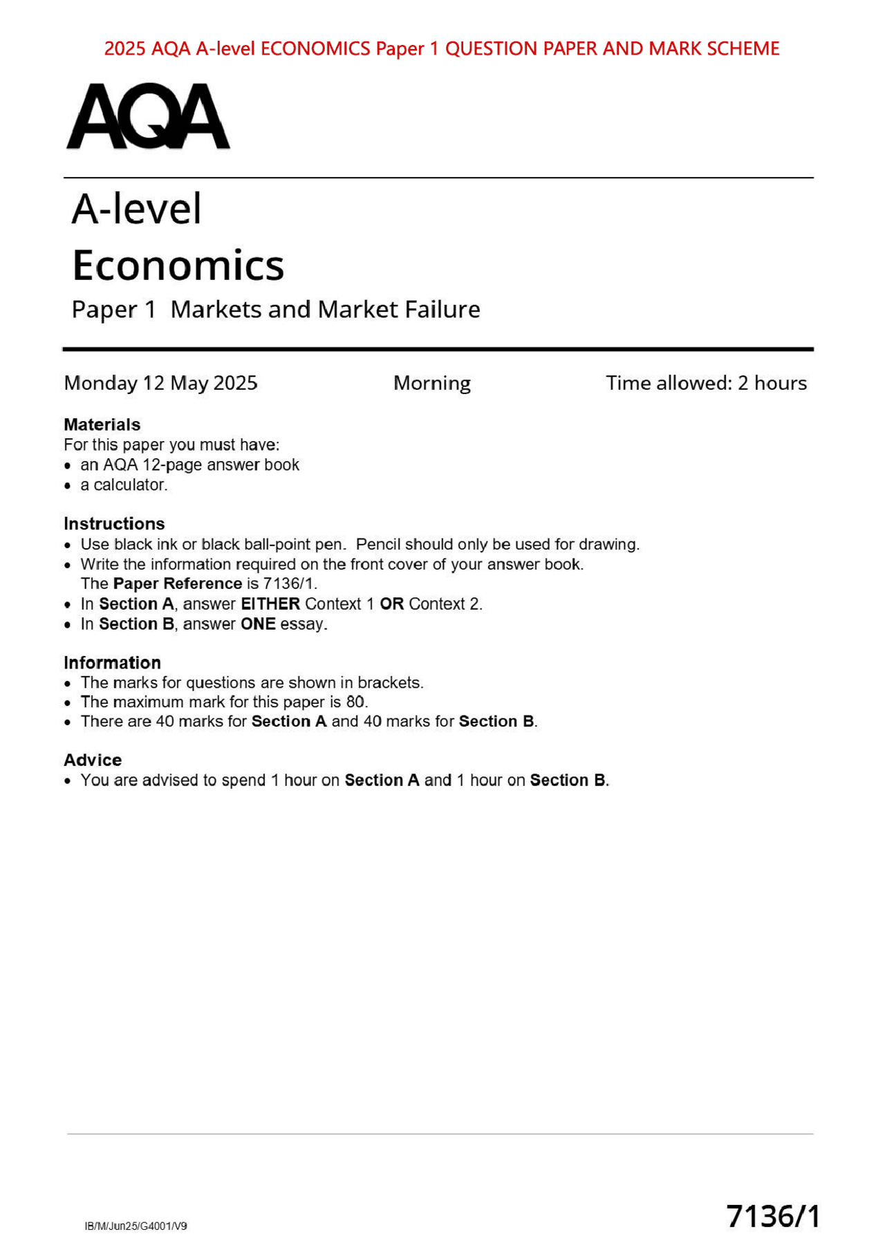 AQA A-level ECONOMICS Paper 1 JUNE 2025 QUESTION PAPER AND MARK SCHEME ...