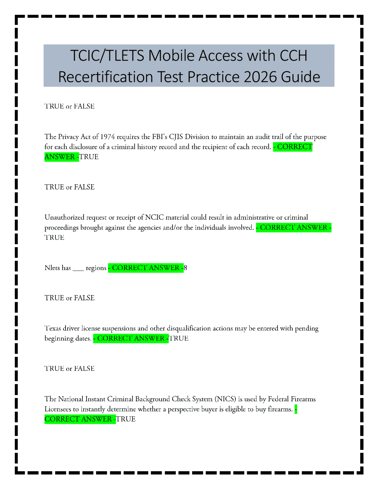 Tlets Number Codes TCIC/TLETS Mobile Access with CCH Recertification Test Practice 2026 ...