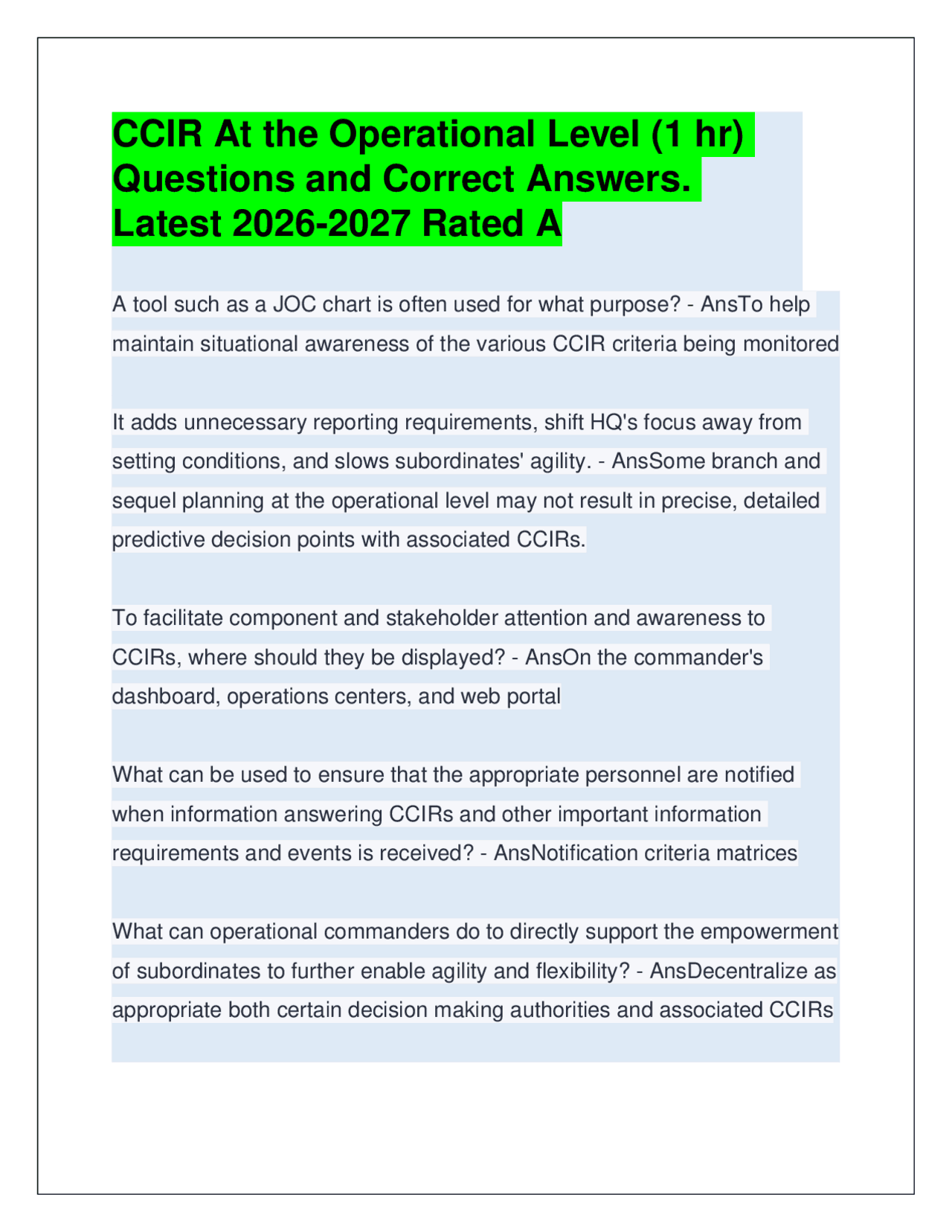 CCIR At the Operational Level (1 hr) Questions & Answers. Latest 2026 ...