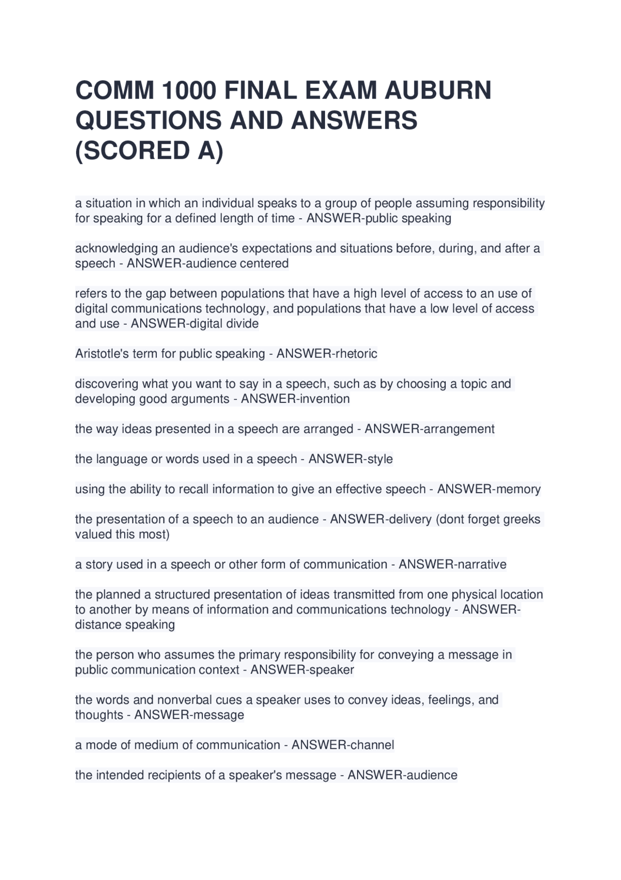 COMM 1000 FINAL EXAM AUBURN QUESTIONS AND ANSWERS (SCORED A) | Exams ...