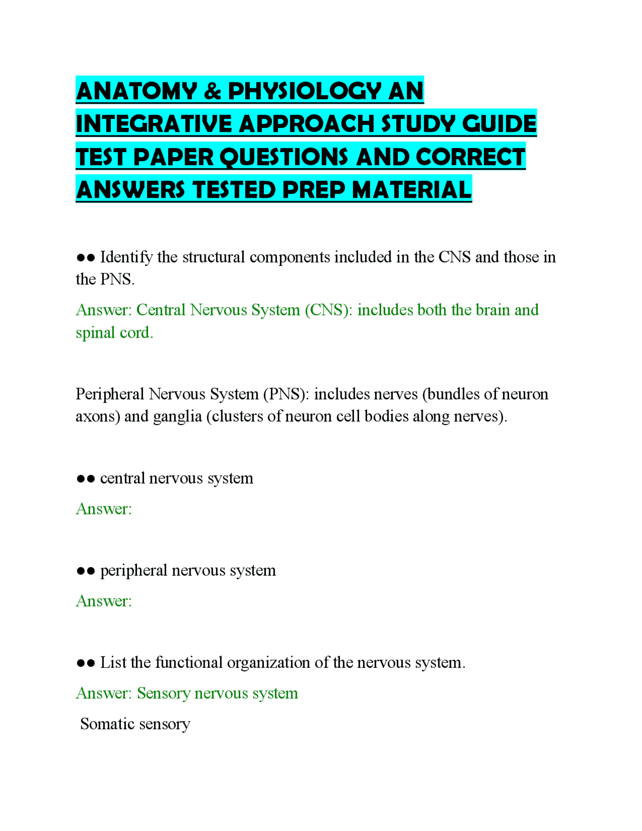 ANATOMY & PHYSIOLOGY AN INTEGRATIVE APPROACH STUDY GUIDE TEST PAPER ...