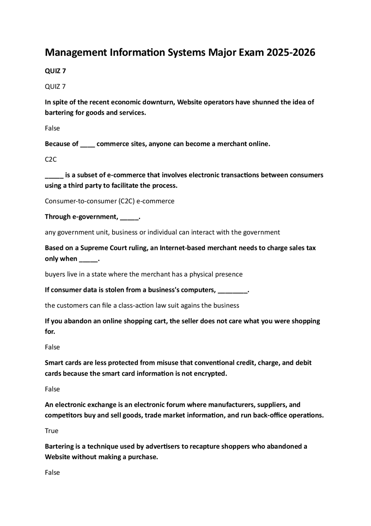 Management Information Systems Major Exam 2025-2026 | Exams Information ...
