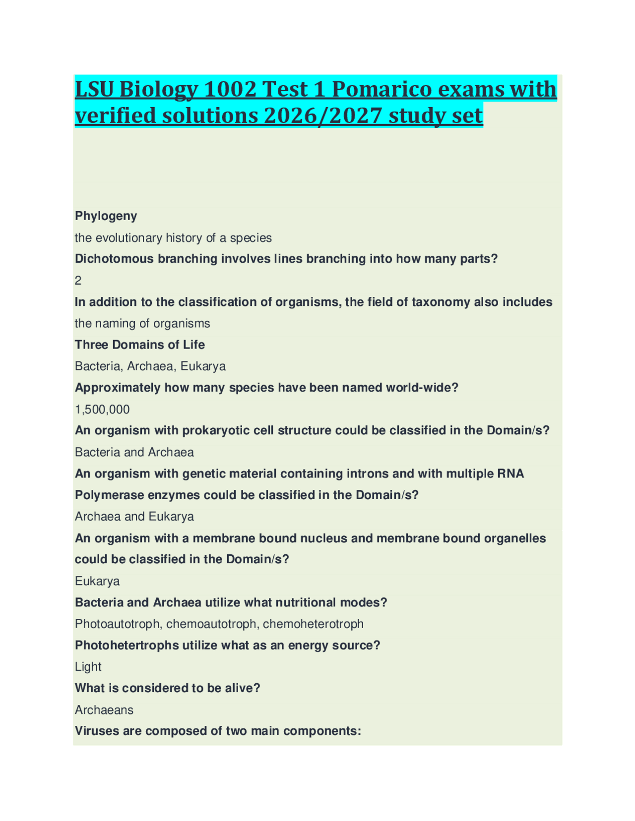 LSU Biology 1002 Test 1 Pomarico exams with verified solutions 2026/ ...