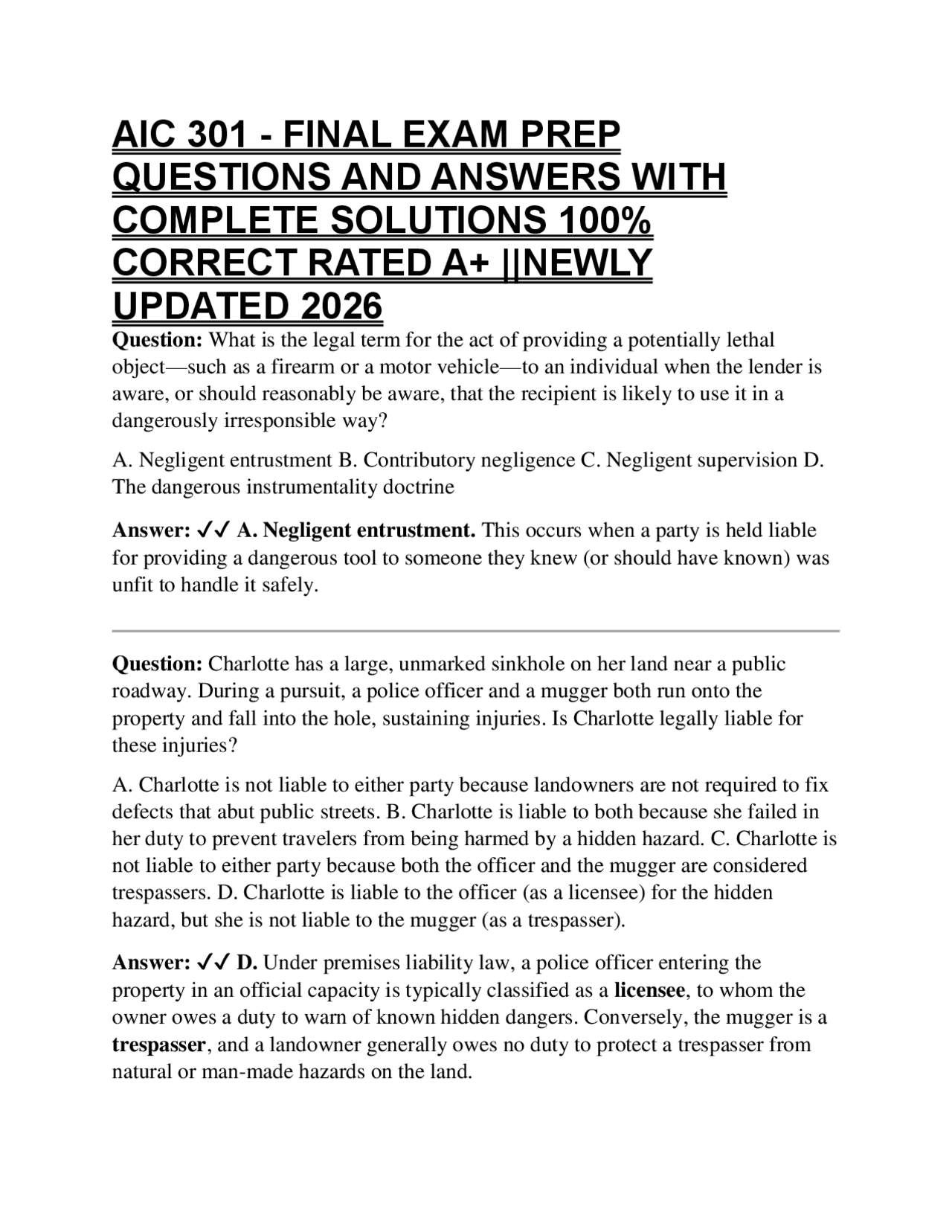 AIC 301 - FINAL EXAM PREP QUESTIONS AND ANSWERS WITH COMPLETE SOLUTIONS ...