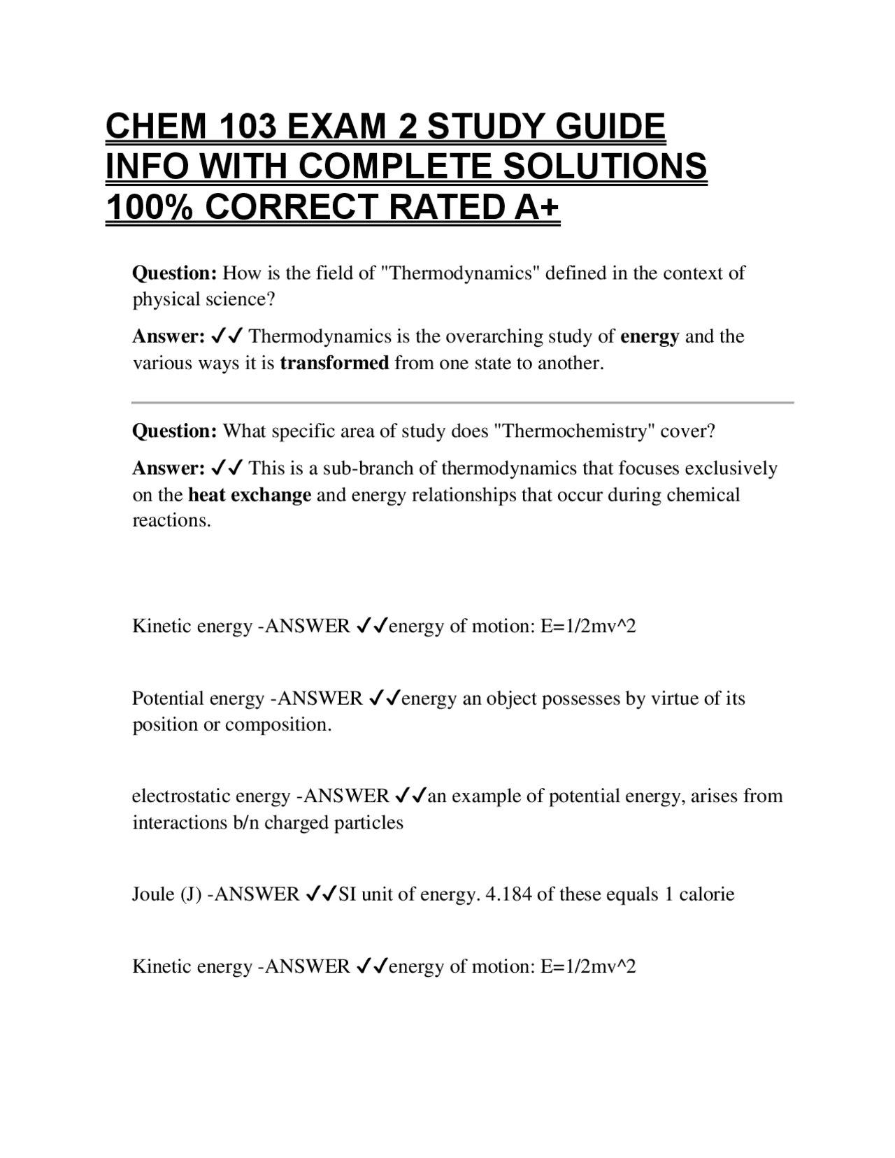CHEM 103 EXAM 2 STUDY GUIDE INFO WITH COMPLETE SOLUTIONS 100% CORRECT ...