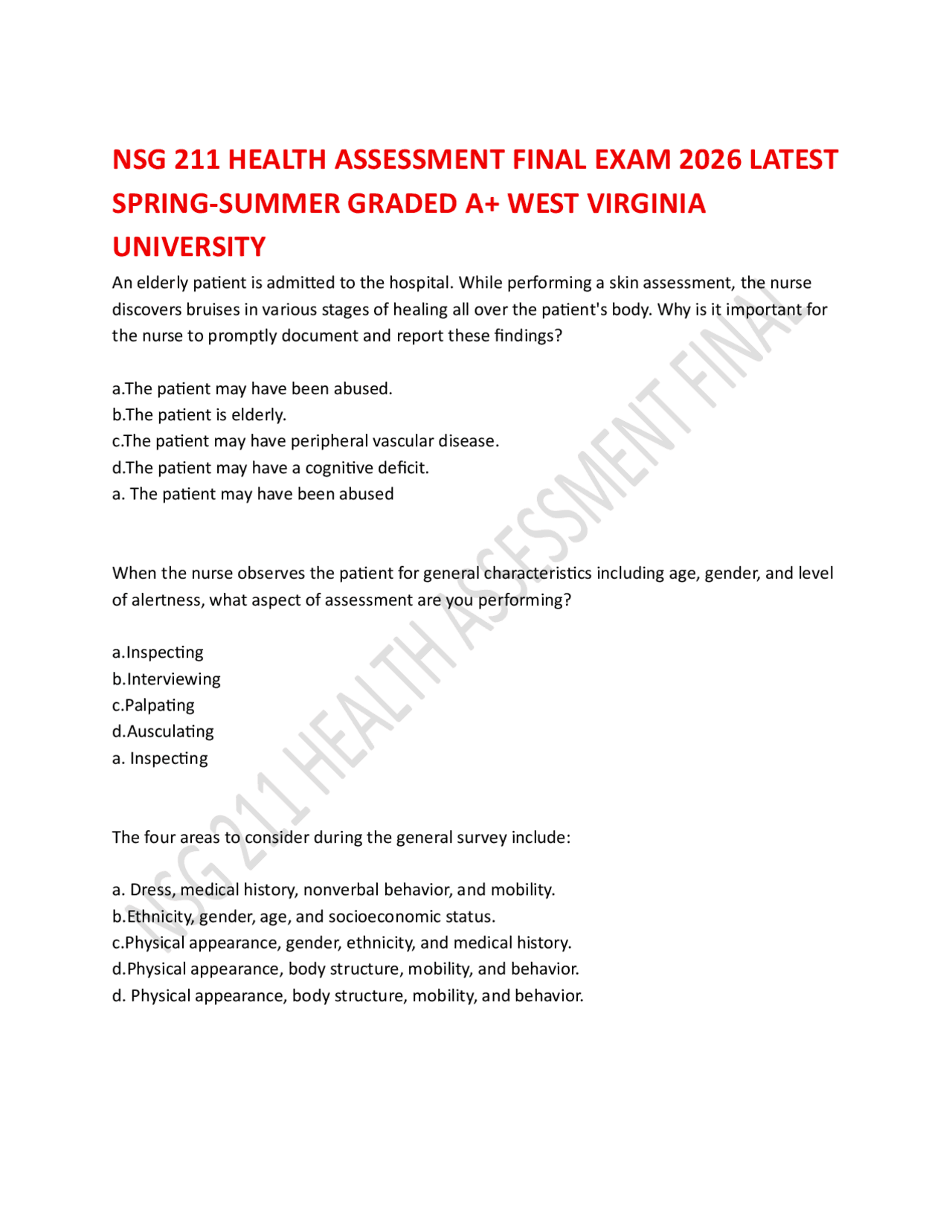 NSG 211 HEALTH ASSESSMENT FINAL EXAM 2026 LATEST SPRING-SUMMER GRADED ...