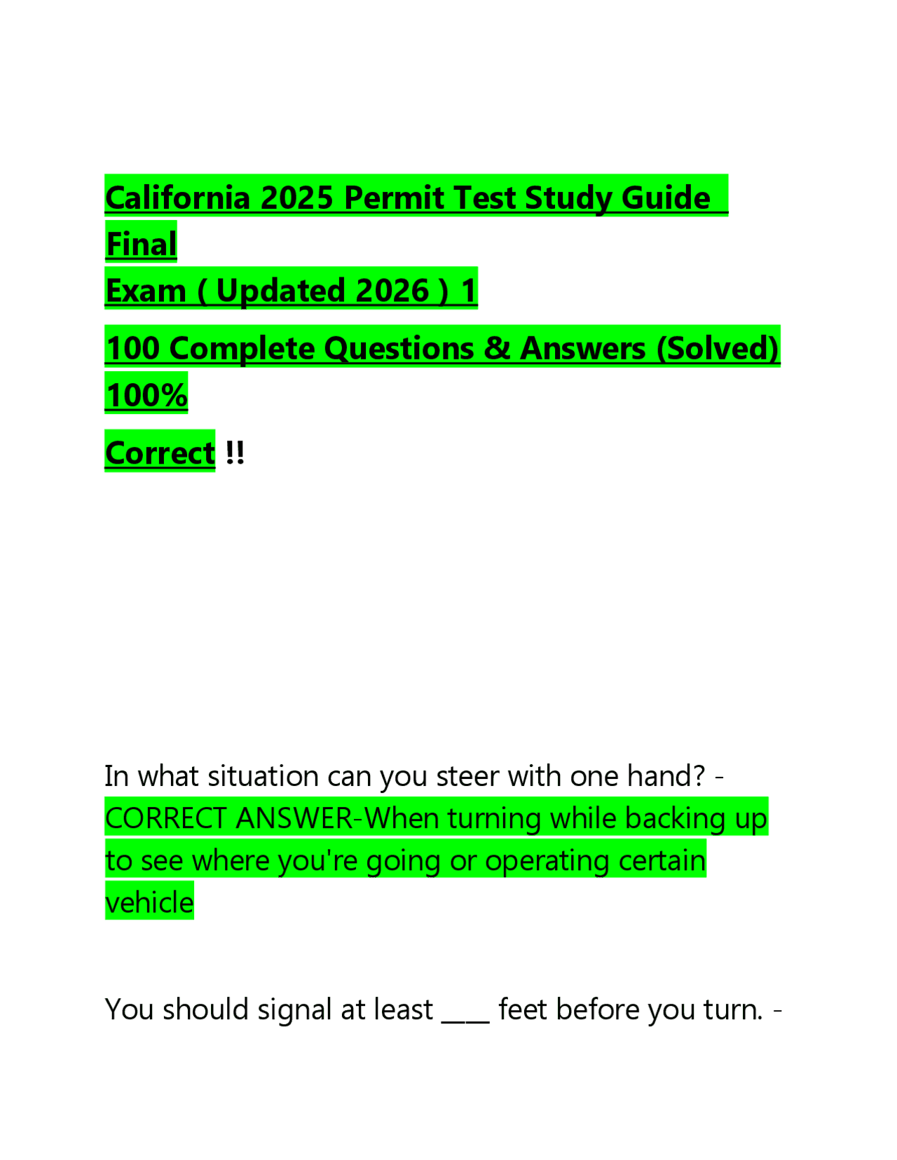 California 2025 Permit Test Study Guide Final Exam ( Updated 2026 ) 1 ...