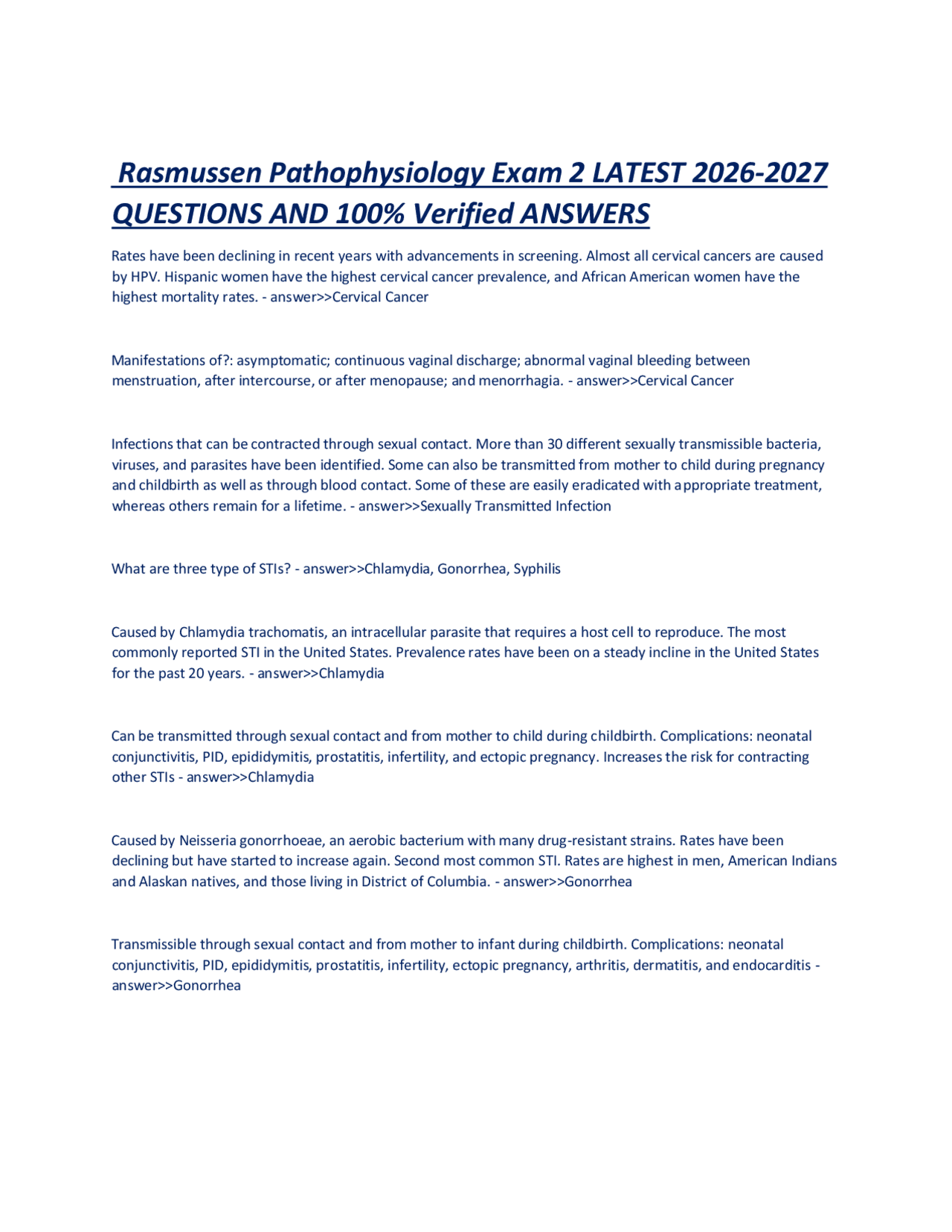 Rasmussen Pathophysiology Exam 2 LATEST 2026-2027 QUESTIONS AND 100% ...