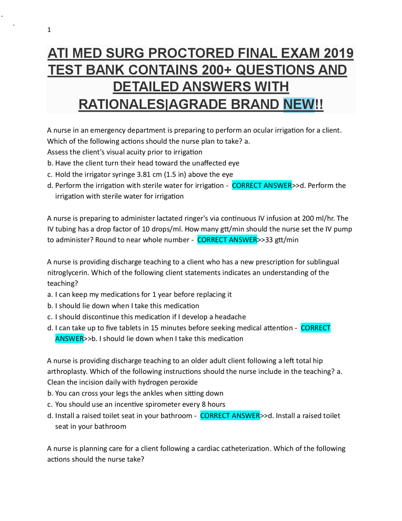 ATI MED SURG PROCTORED FINAL EXAM 2019 TEST BANK CONTAINS 200 ...