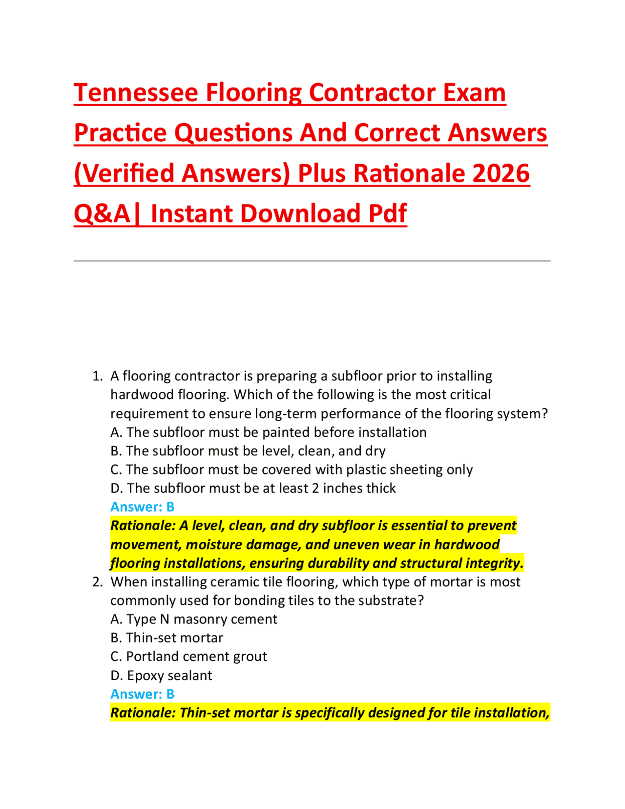 Tennessee Flooring Contractor Exam Practice Questions And Correct ...