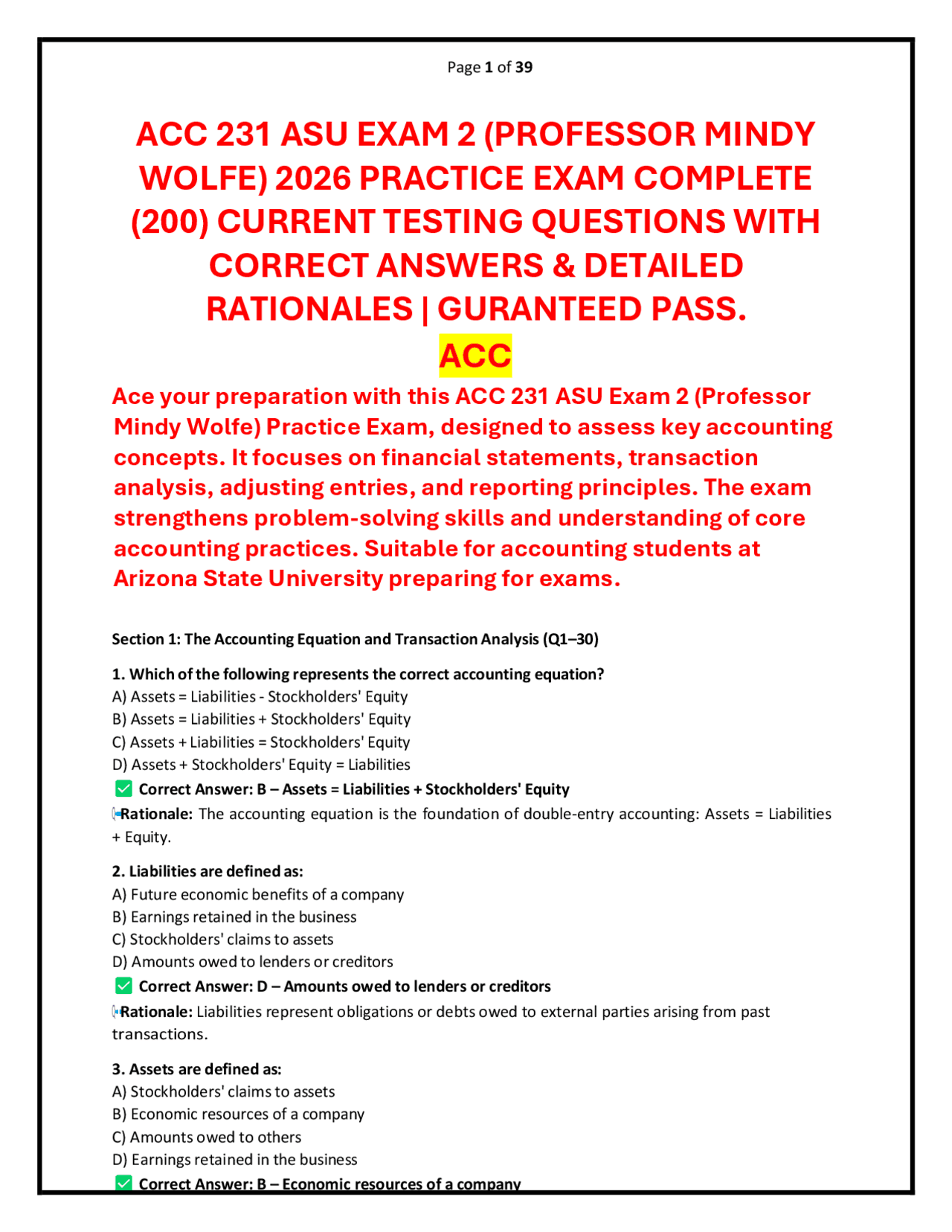 ACC 231 ASU EXAM 2 (PROFESSOR MINDY WOLFE) 2026 PRACTICE EXAM QUESTION ...