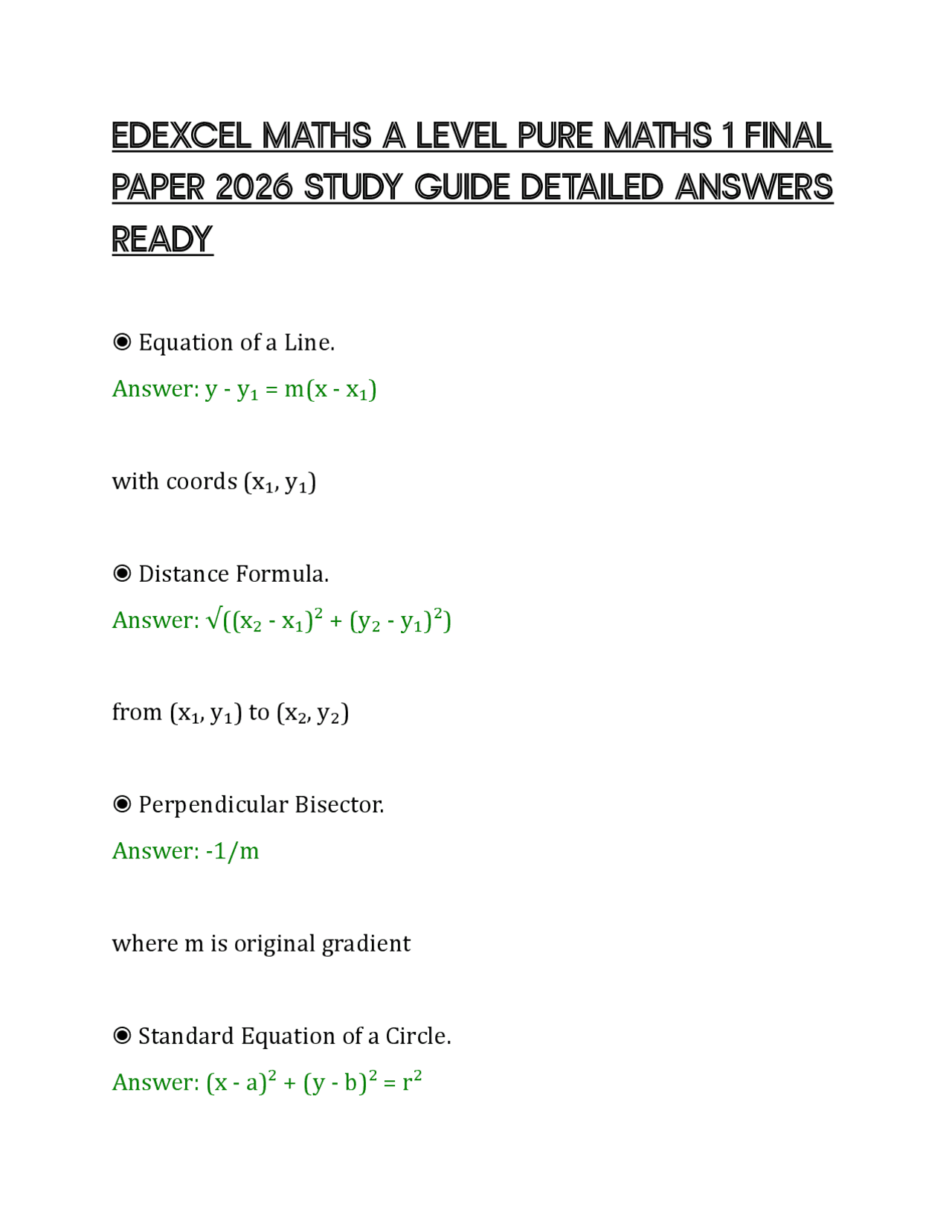 EDEXCEL MATHS A LEVEL PURE MATHS 1 FINAL PAPER 2026 STUDY GUIDE ...