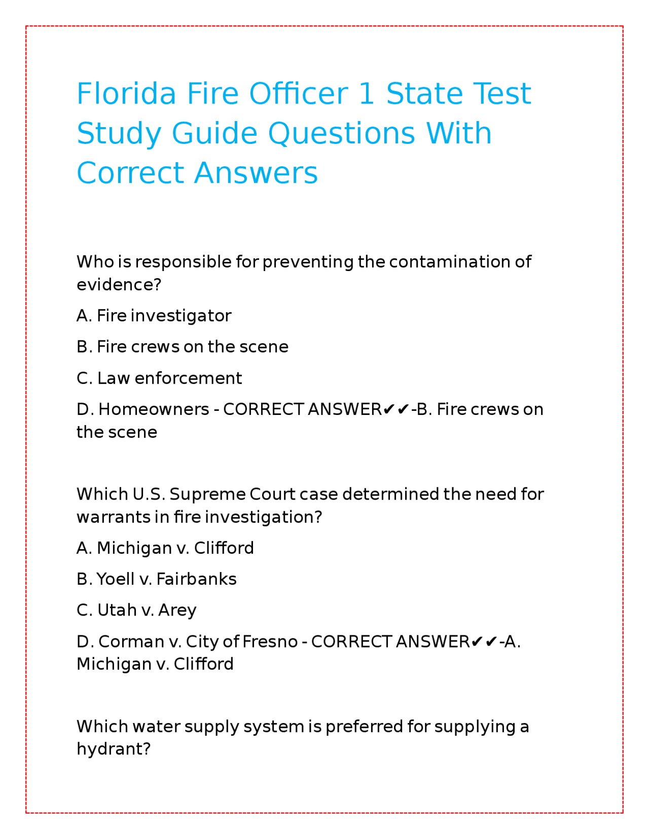 Florida Fire Officer 1 State Test Study Guide Questions With Correct ...
