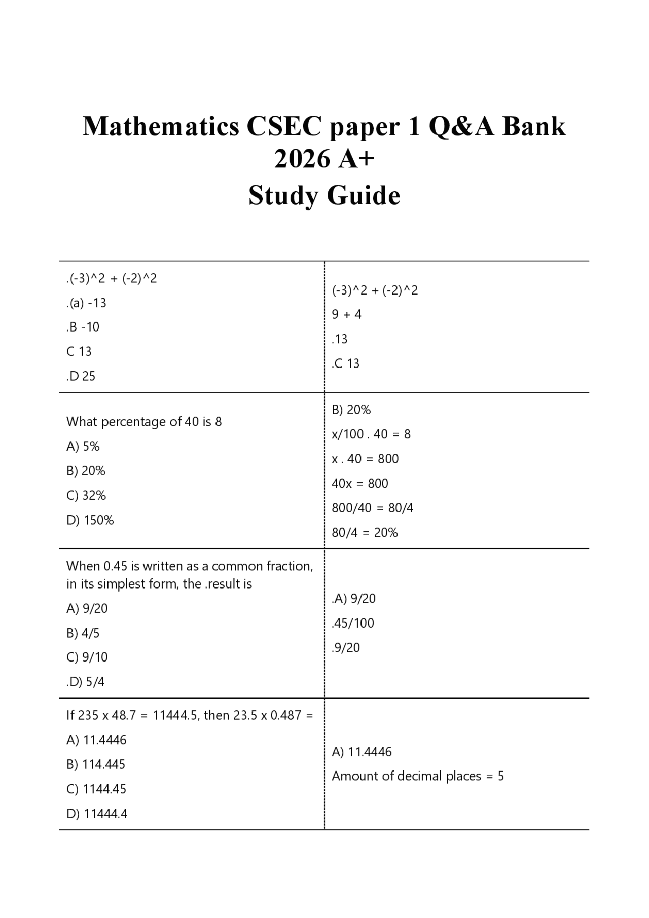 Mathematics CSEC paper 1 Q&A Bank 2026 A+ Study Guide | Exams ...