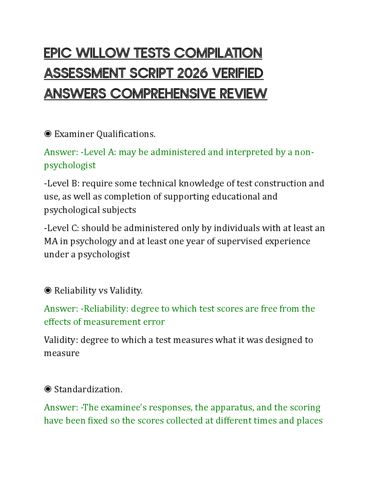 EPIC WILLOW TESTS COMPILATION ASSESSMENT SCRIPT 2026 VERIFIED ANSWERS ...