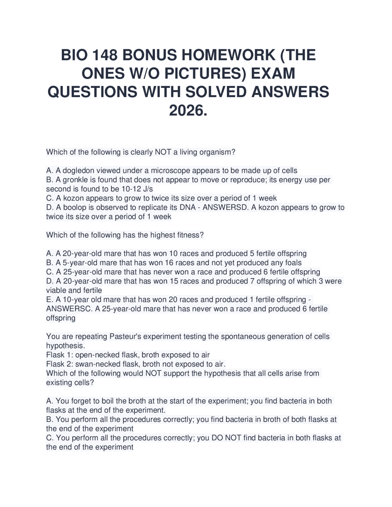 BIO 148 BONUS HOMEWORK (THE ONES W/O PICTURES) EXAM QUESTIONS WITH ...
