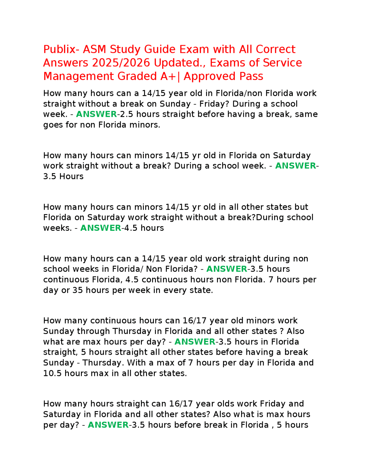 Publix- ASM Study Guide Exam with All Correct Answers 2025/2026 Updated ...
