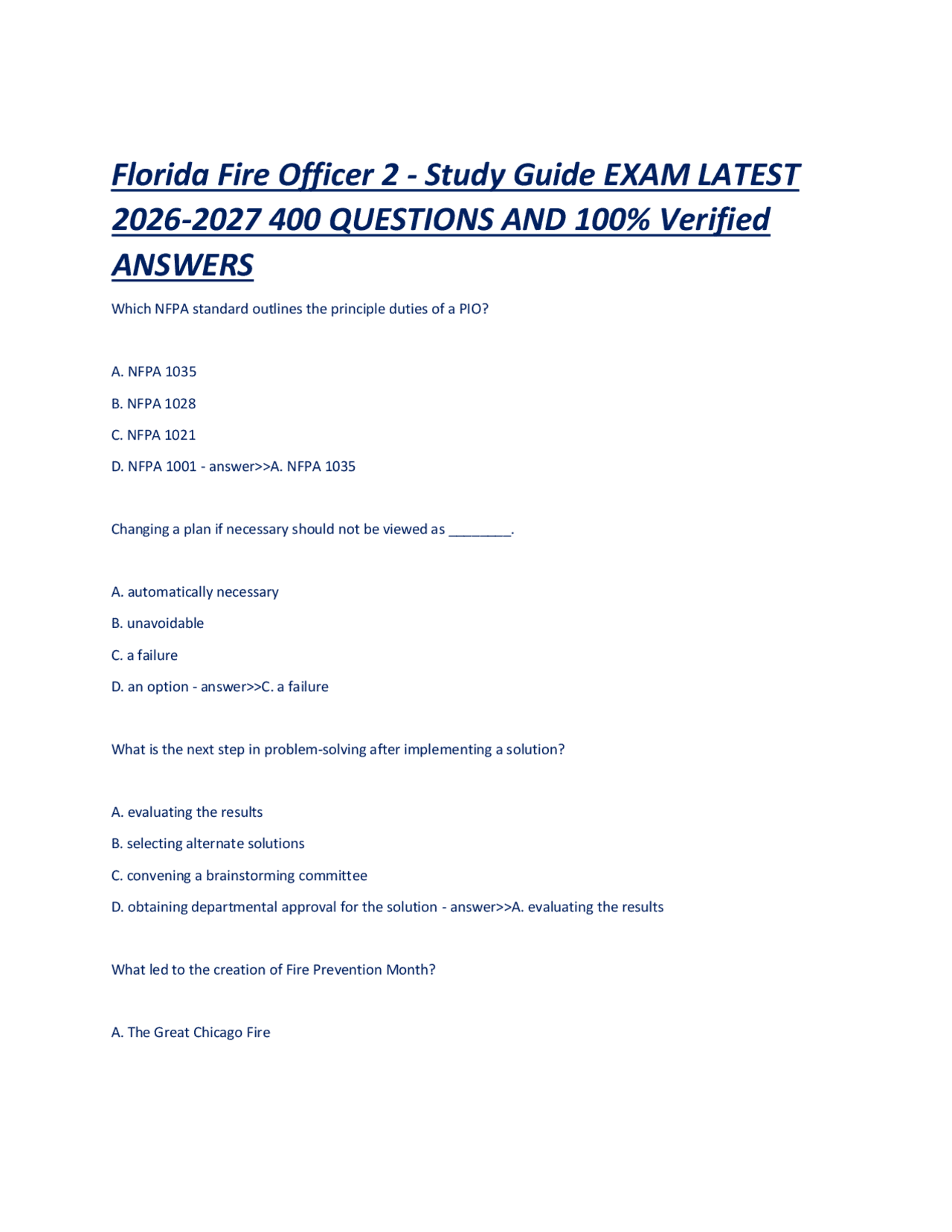 Florida Fire Officer 2 - Study Guide EXAM LATEST 2026-2027 400 ...