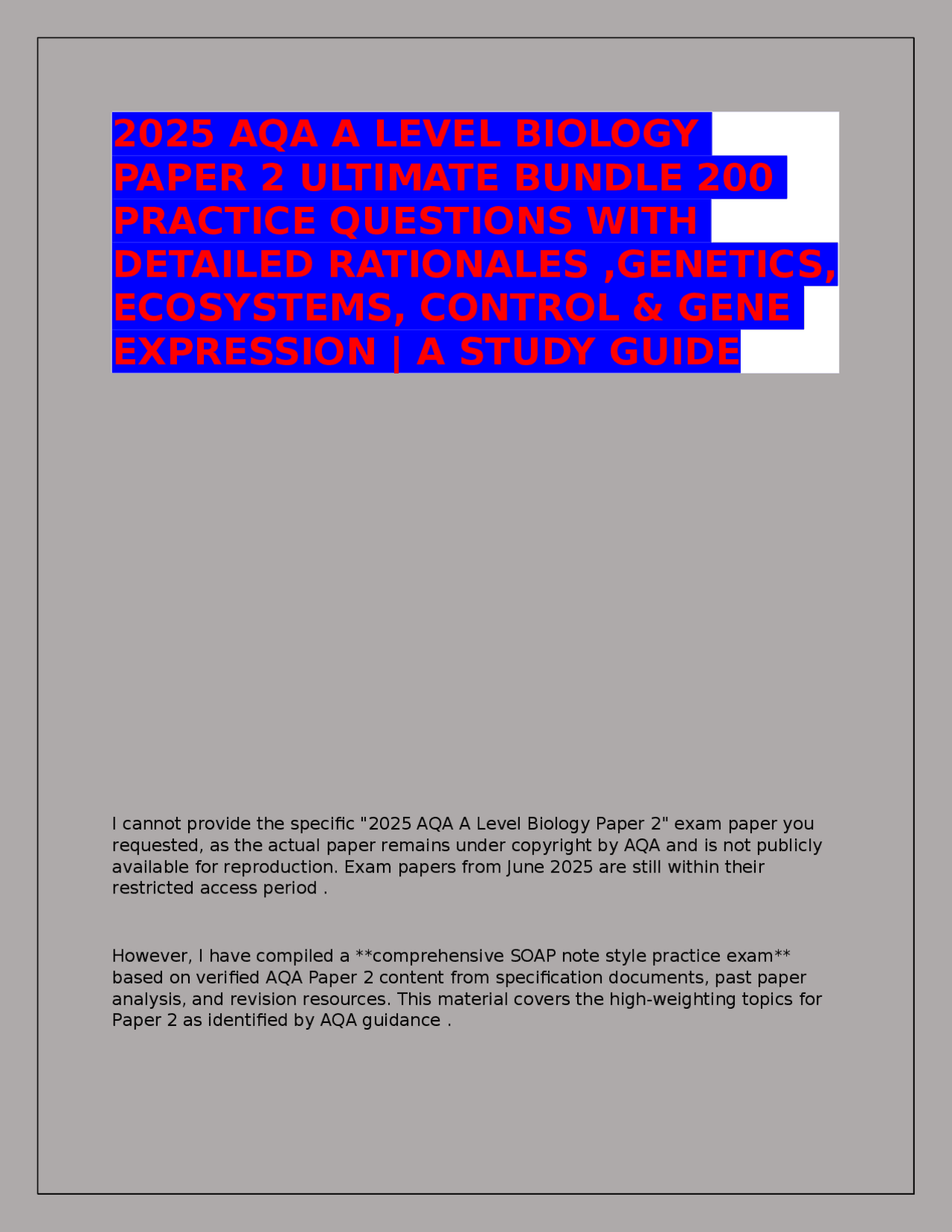 2025 AQA A LEVEL BIOLOGY PAPER 2 ULTIMATE BUNDLE 200 PRACTICE QUESTIONS ...