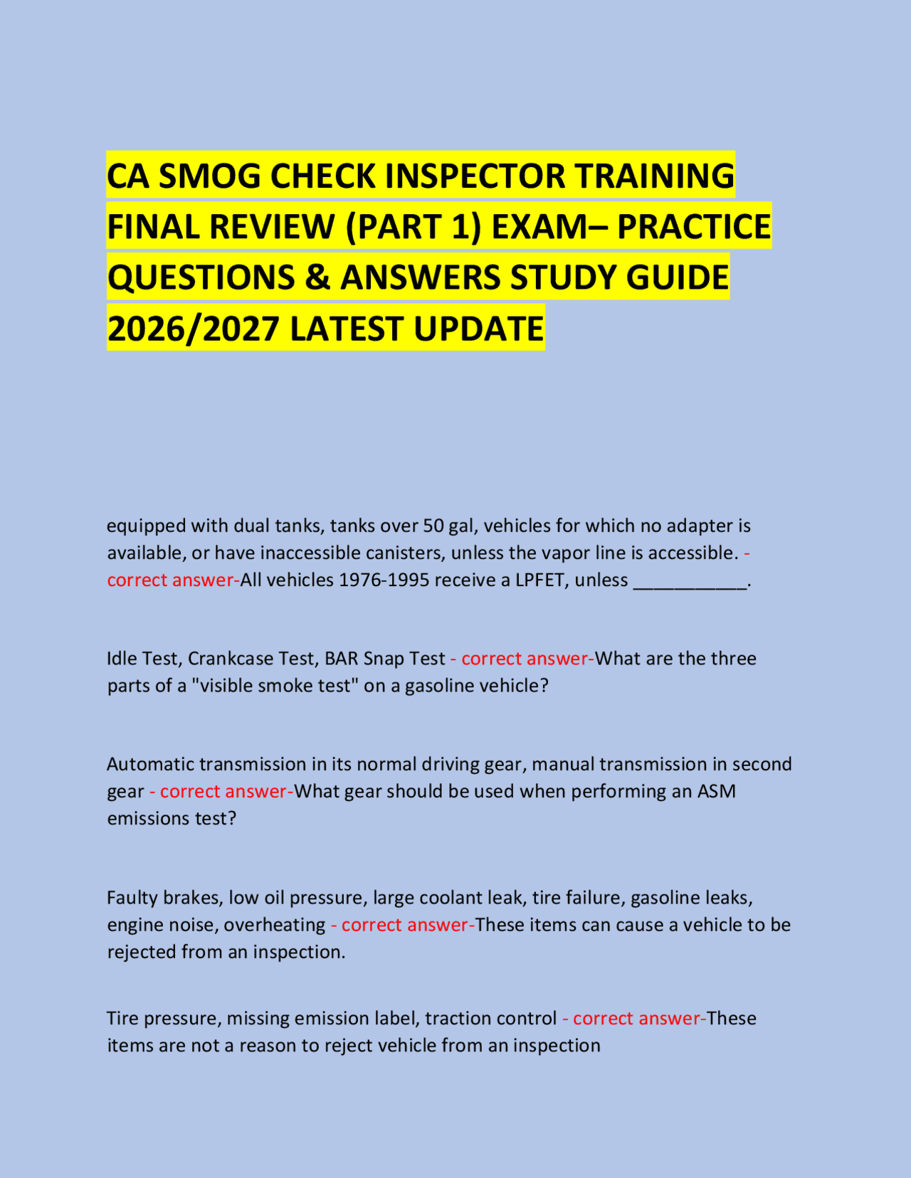 Smog Check Inspector Level 1 Exam – Practice Questions & Answers Study ...