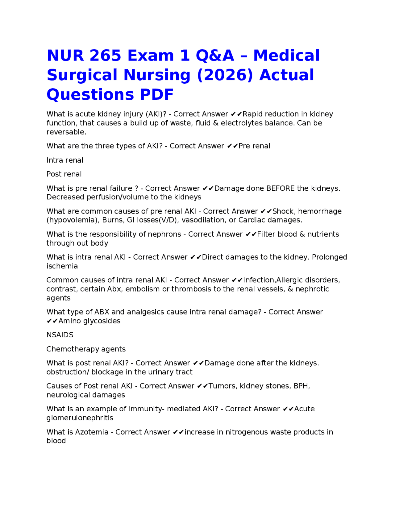 NUR 265 Exam 1 Q&A – Medical Surgical Nursing (2026) Actual Questions ...