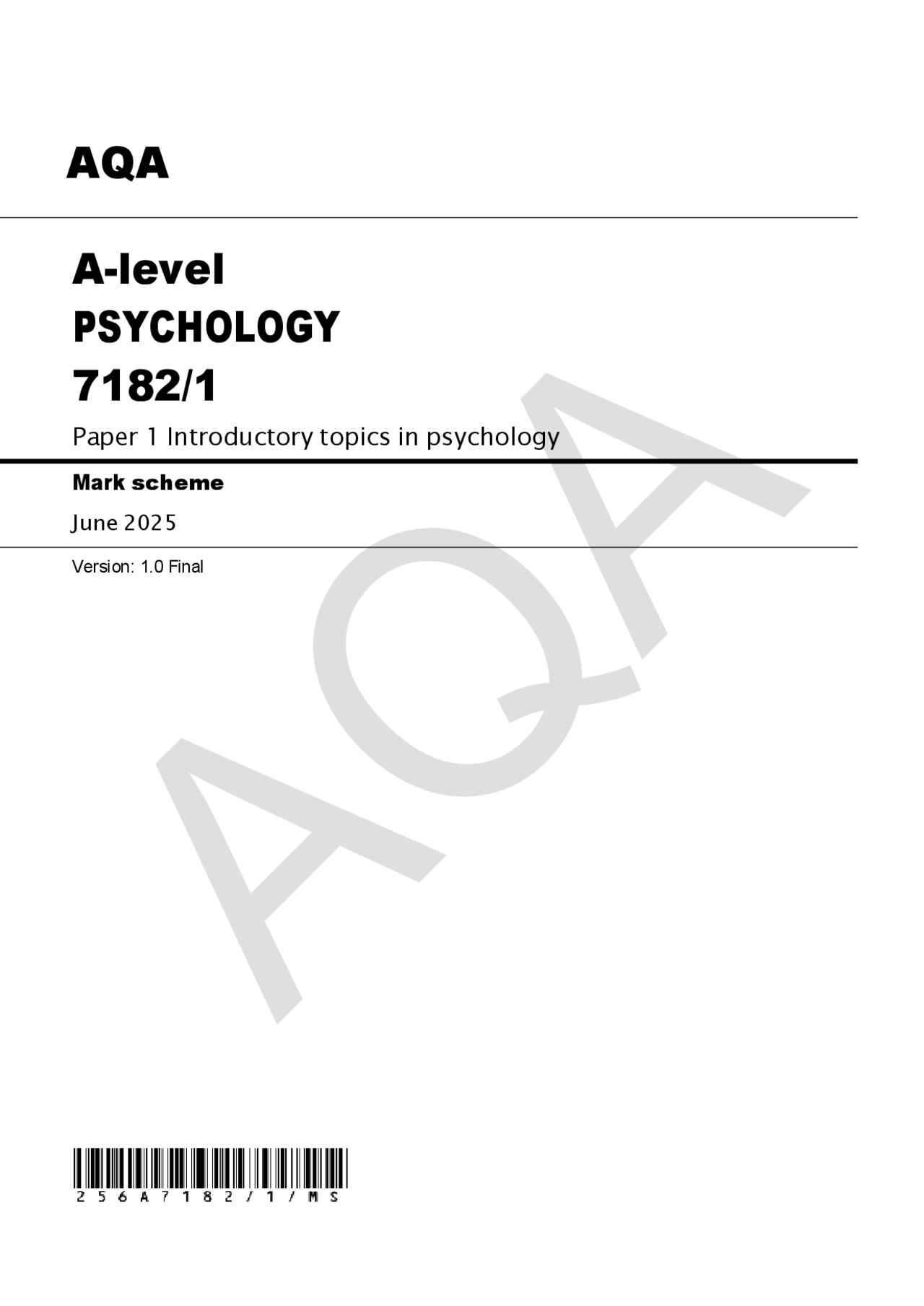 2025 AQA A-Level Psychology Paper 1 Mark Scheme (7182/1) - Official ...