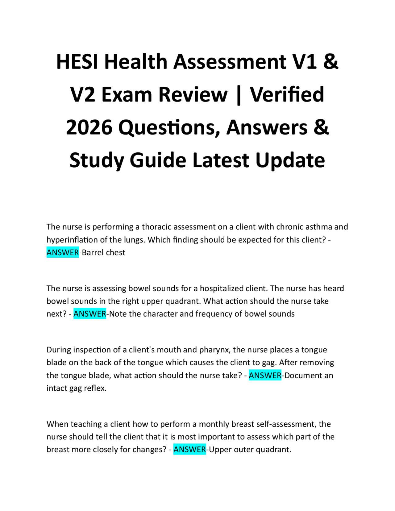 HESI Health Assessment V1 & V2 Exam Review | Verified 2026 Questions ...