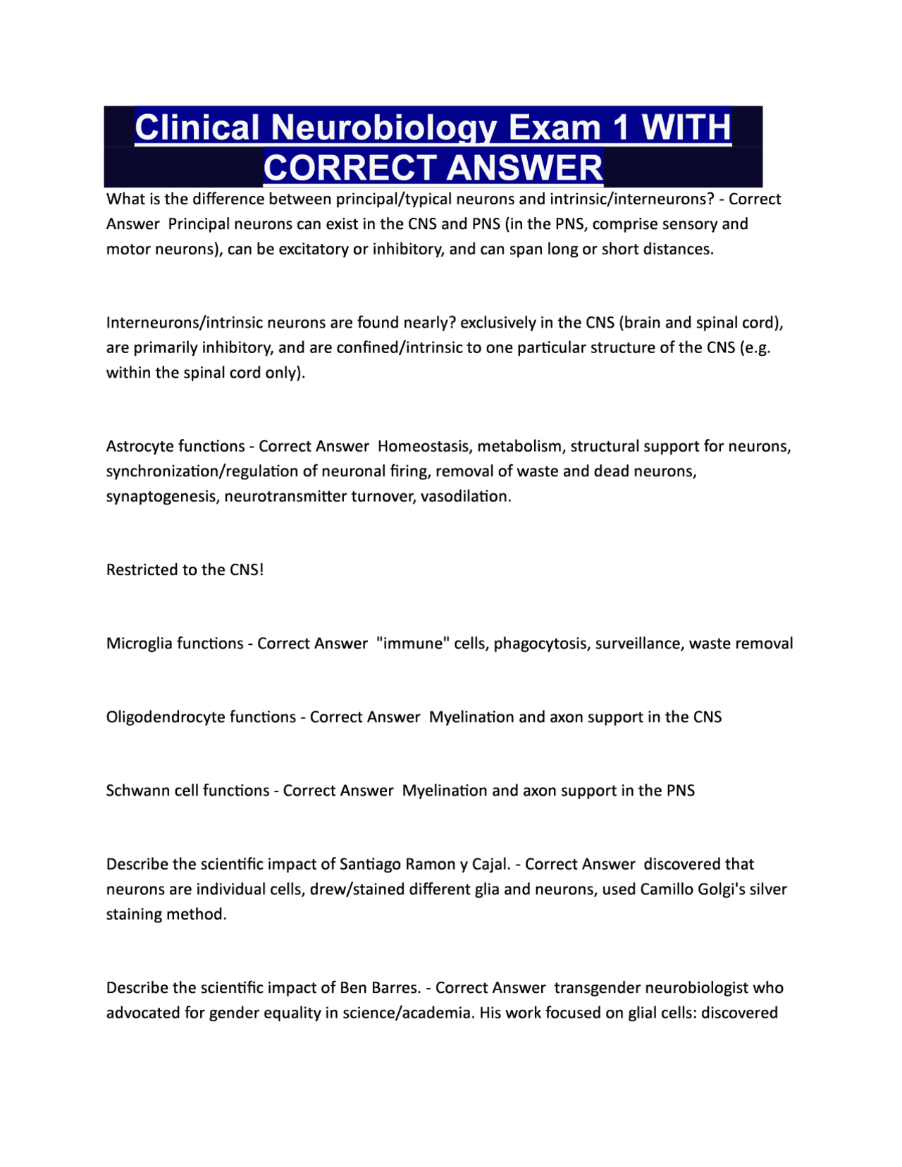 Clinical Neurobiology Exam 1 WITH CORRECT ANSWER | Exams Neurobiology ...
