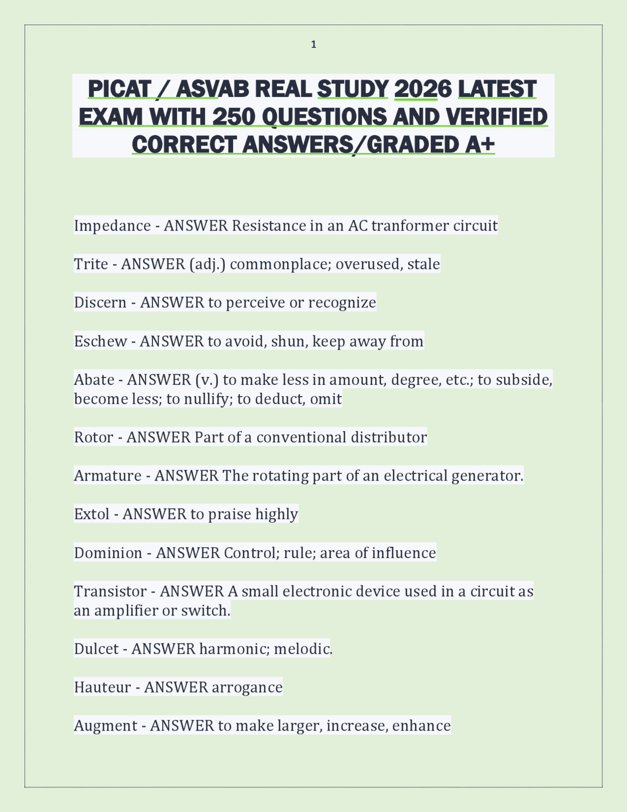 Picat Study Guide PICAT / ASVAB REAL STUDY 2026 EXAM WITH 250 QUESTIONS AND VERIFIED ...