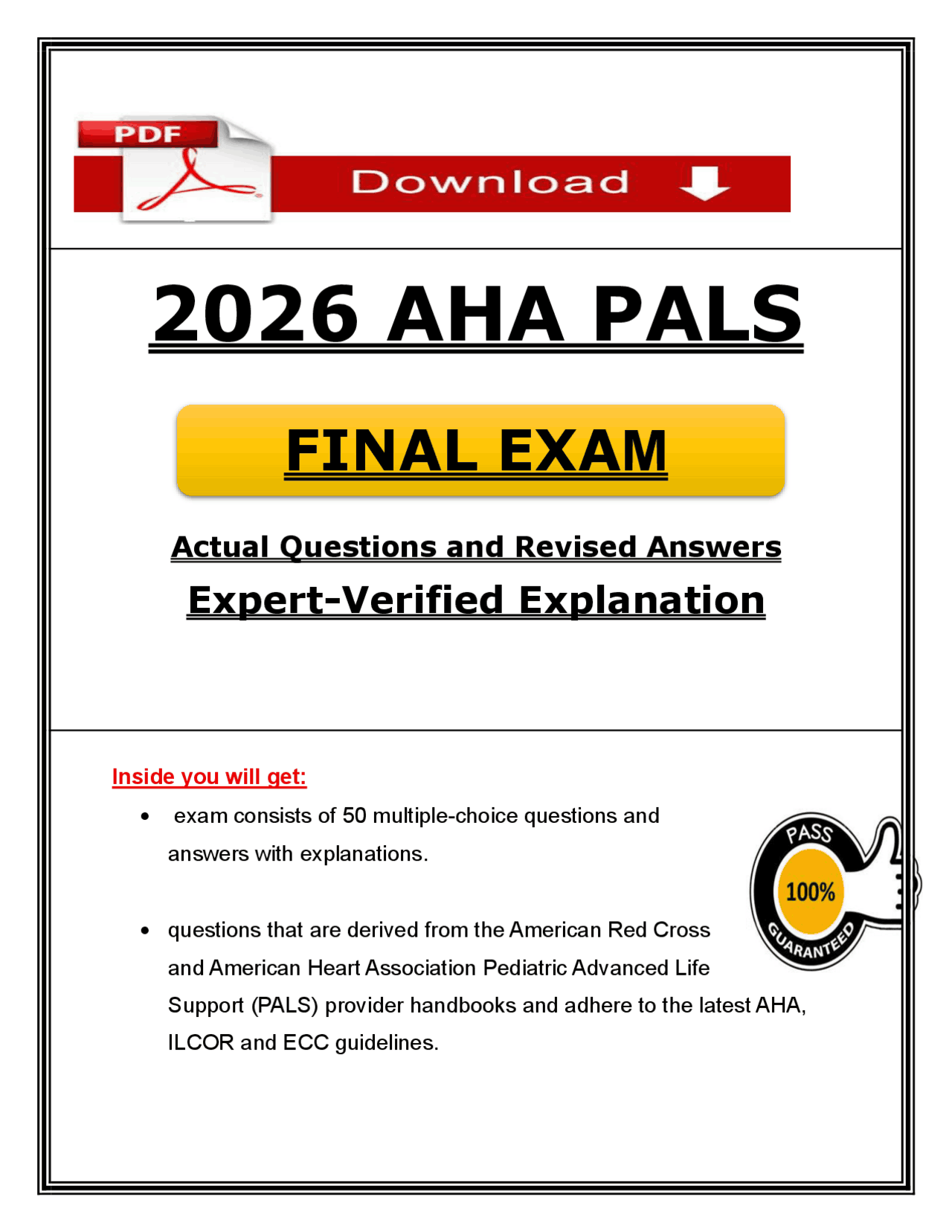Pals Answer Sheet.pdf 026 AHA PALS Final Exam (PDF) | Updated PALS Questions and Answers ...