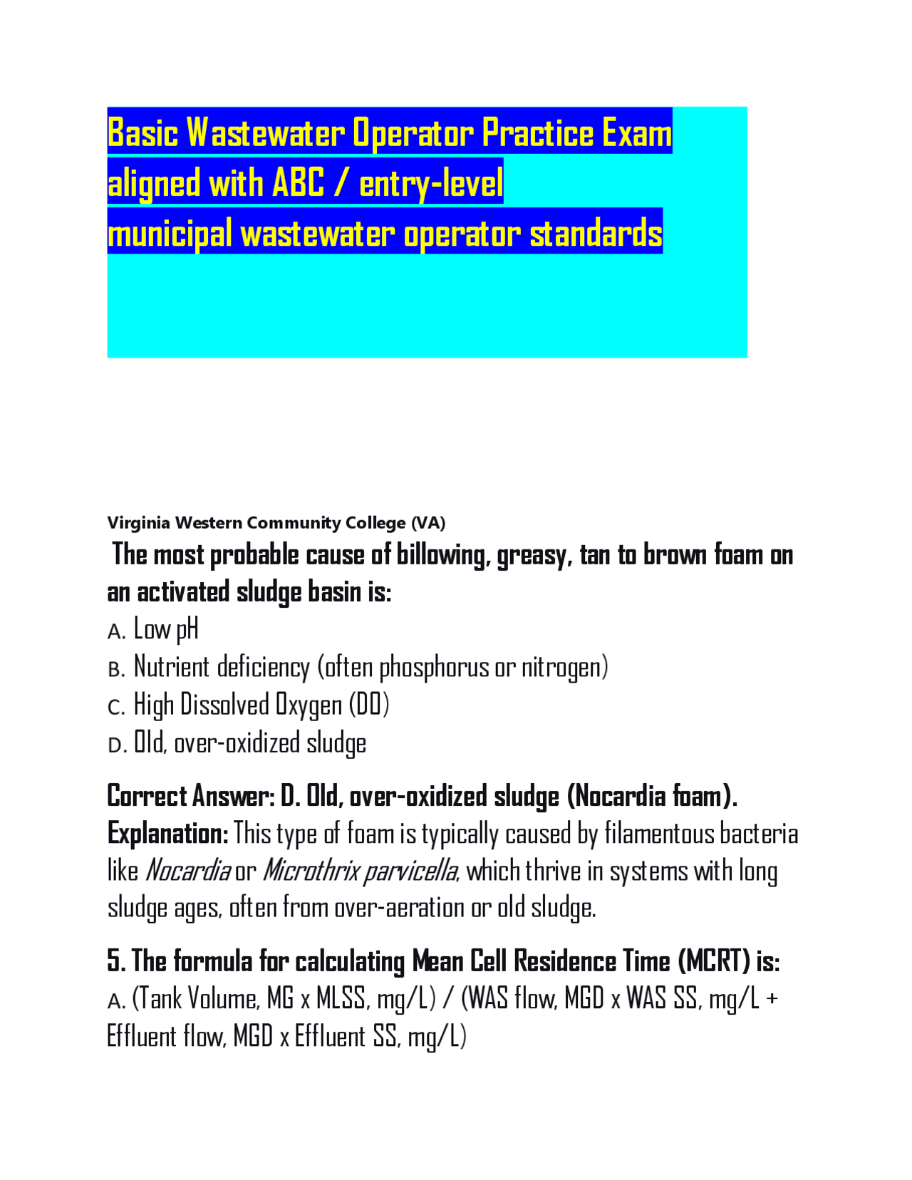 Basic Wastewater Operator Practice Exam aligned with ABC / entry-level ...