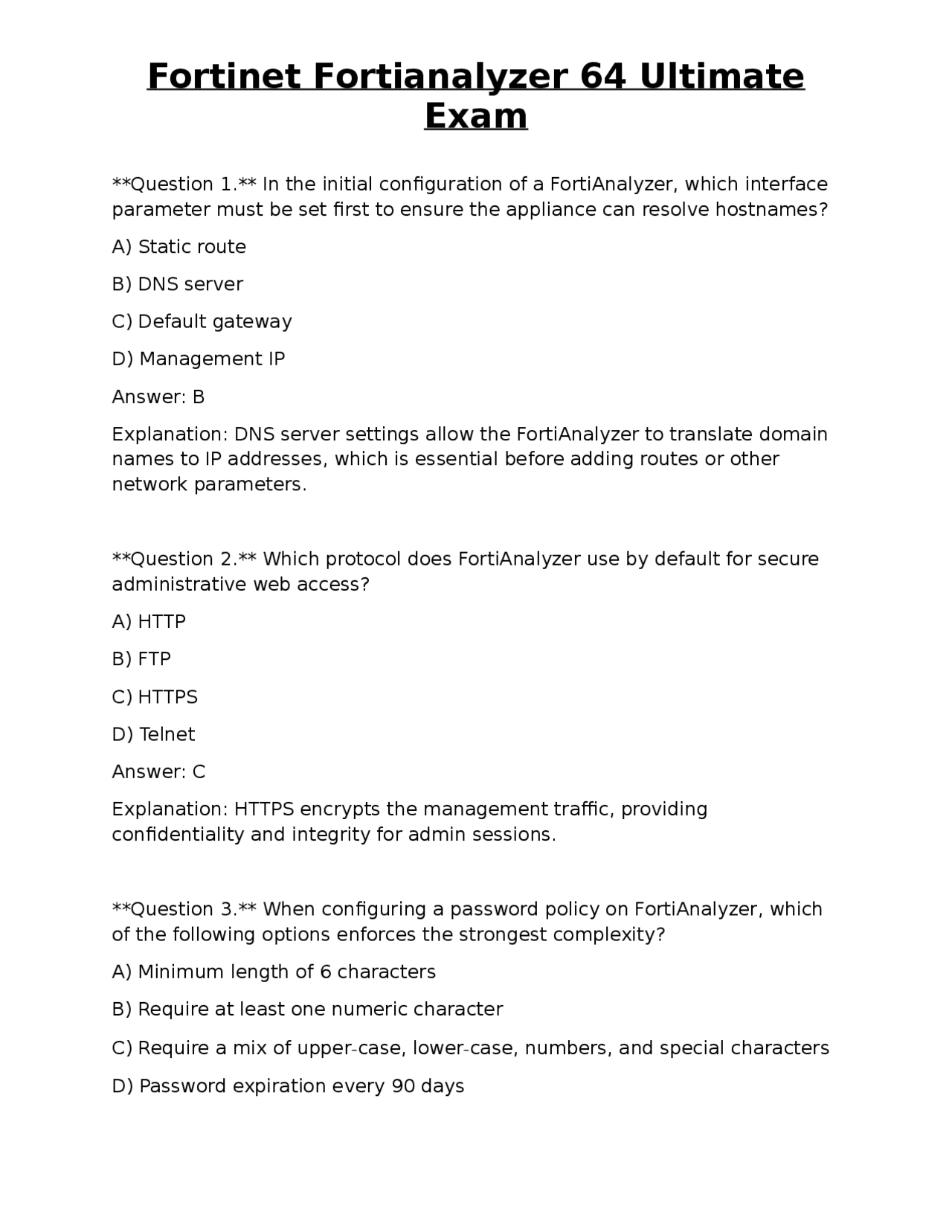 Fortinet Fortianalyzer 64 Ultimate Exam | Exams Technology | Docsity