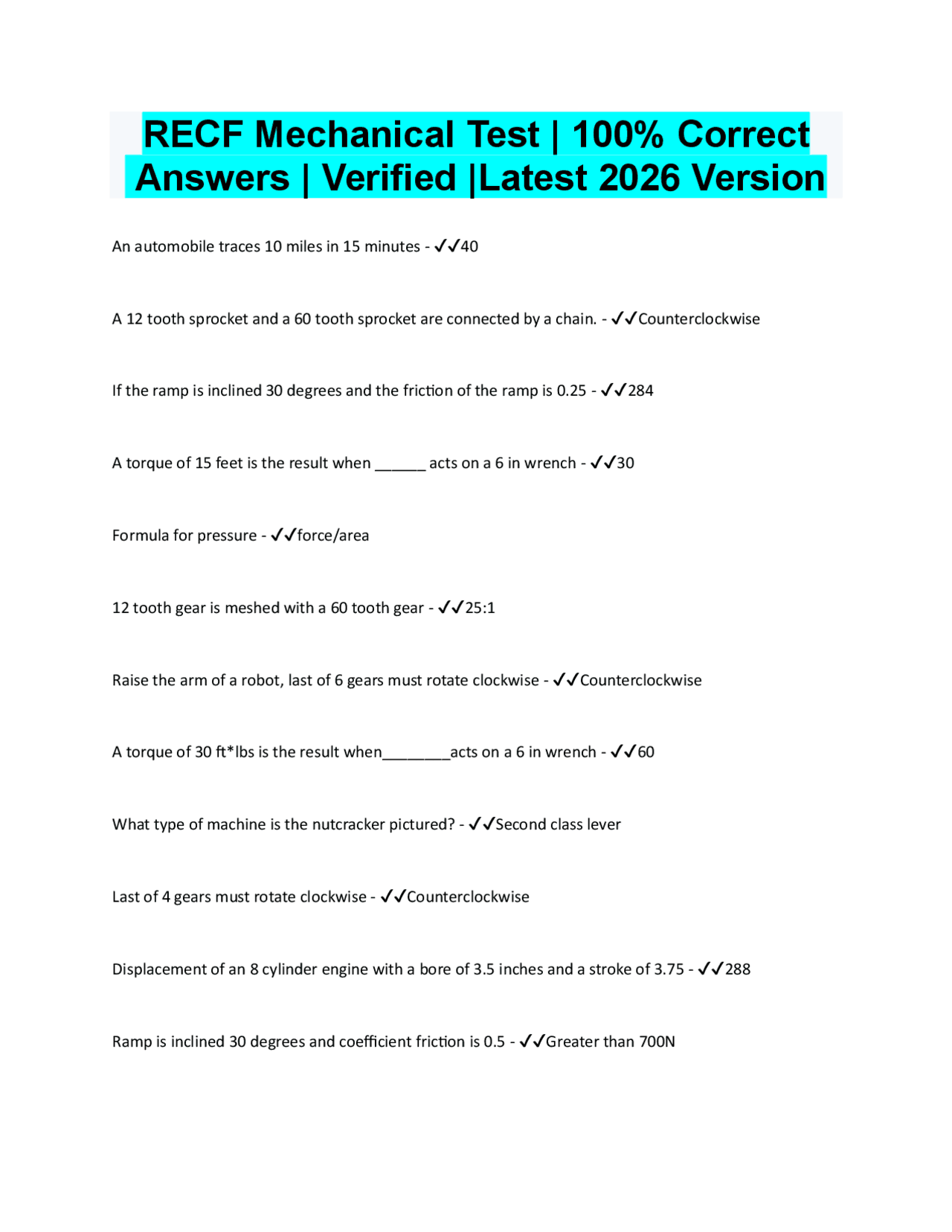RECF Mechanical Test Verified Q&A’s 100% Correct Latest 2026/2027 ...