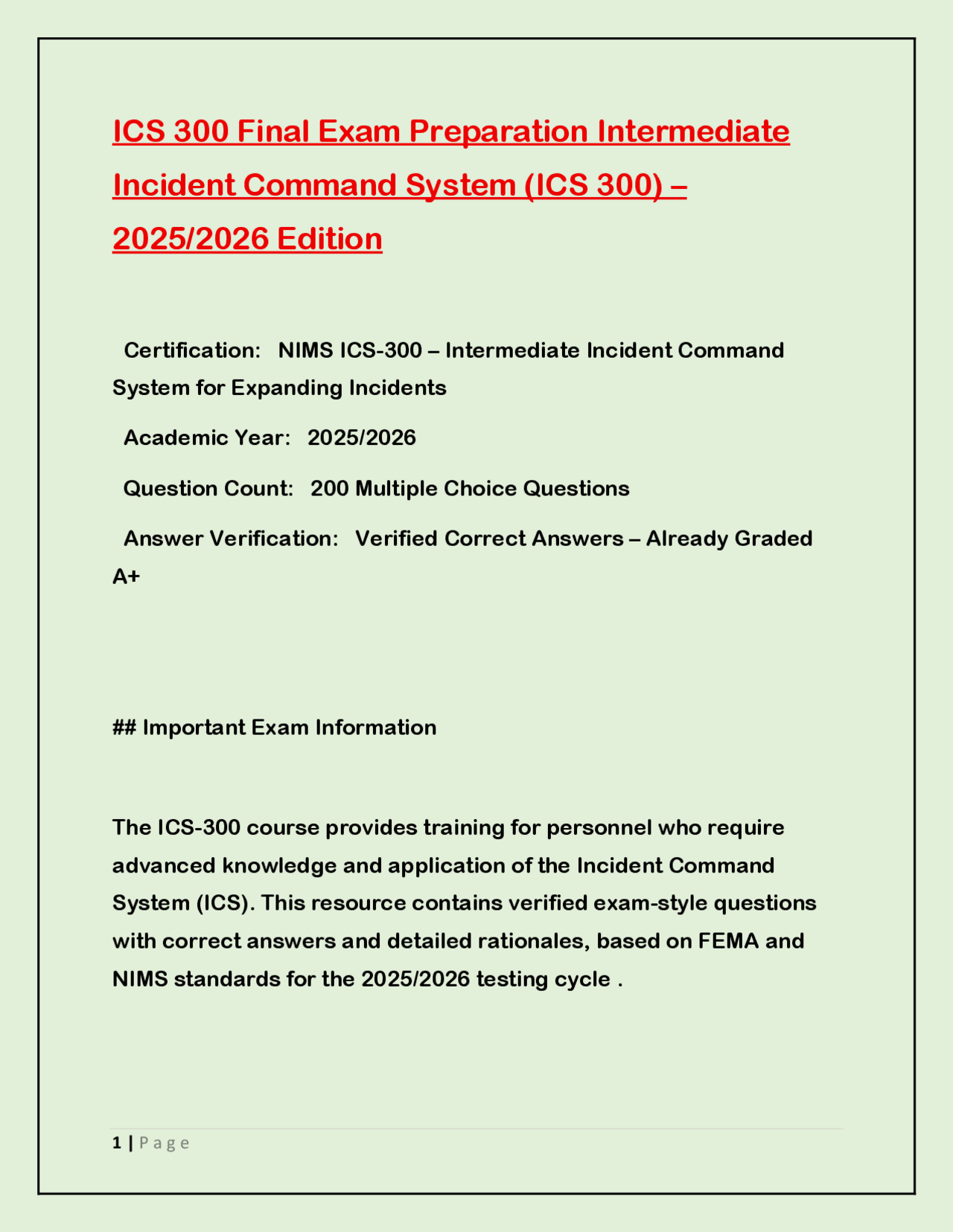 ICS 300 Final Exam Preparation Intermediate Incident Command System ...