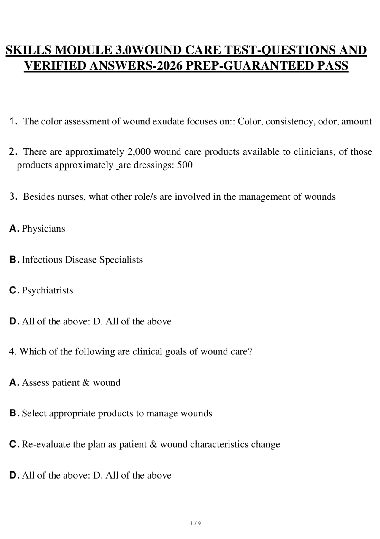 Skills Module 3.0 Wound Care Test Questions and Verified Answers 2026 ...