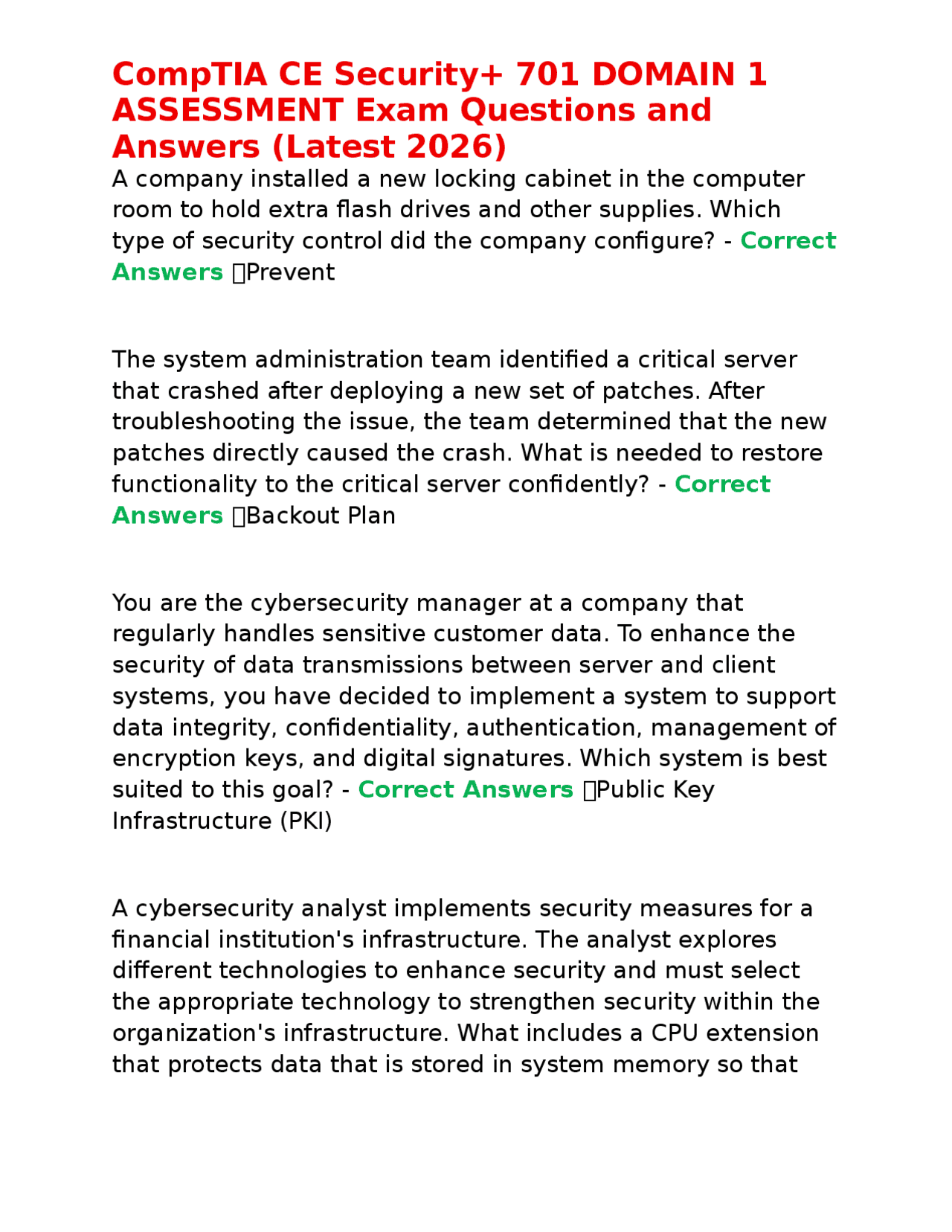 CompTIA CE Security+ 701 DOMAIN 1 ASSESSMENT Exam Questions and Answers ...