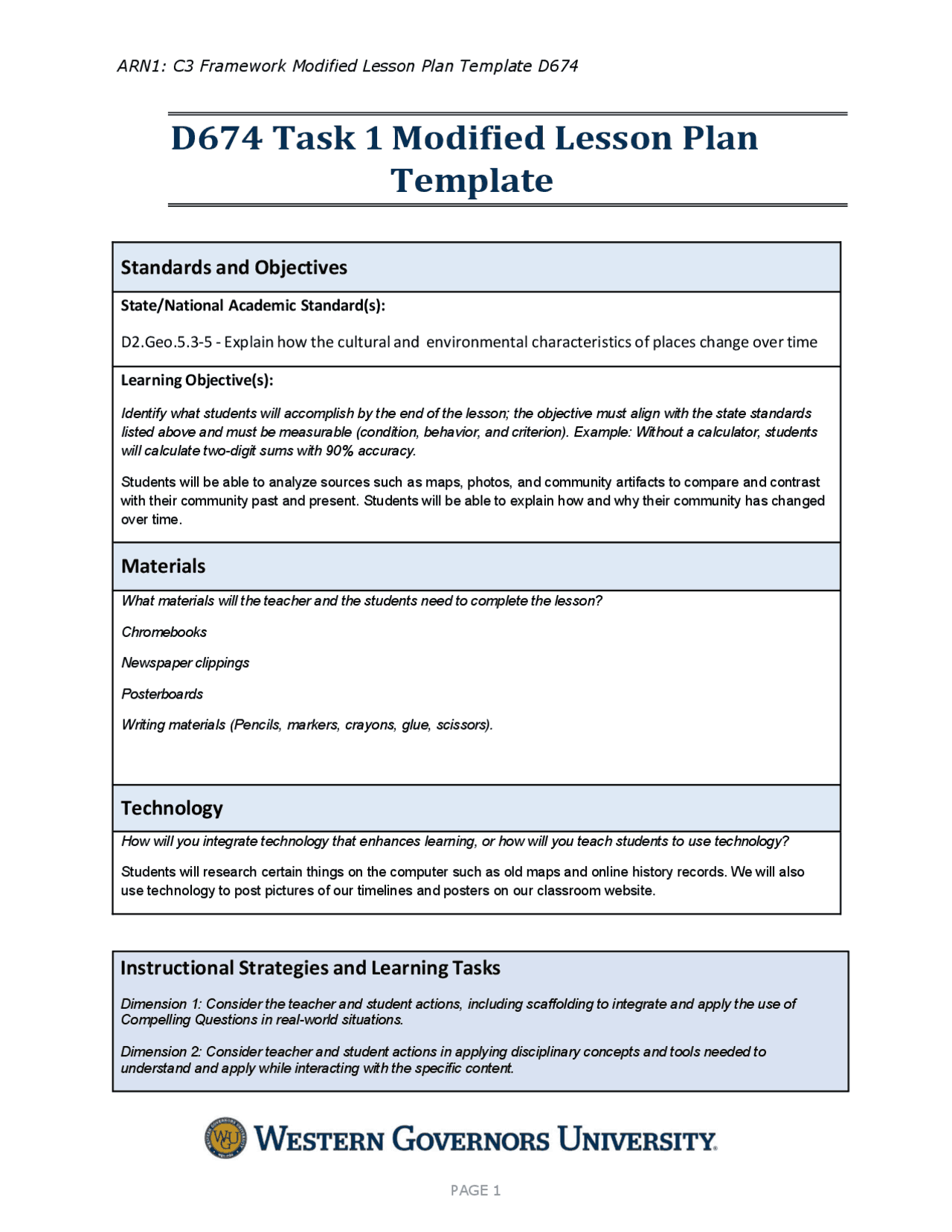 ARN1: C3 Framework Modified Lesson Plan Template D674/ D674 Task 1 ...