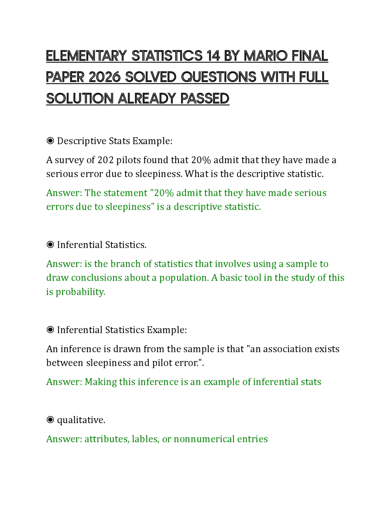 ELEMENTARY STATISTICS 14 BY MARIO FINAL PAPER 2026 SOLVED QUESTIONS ...