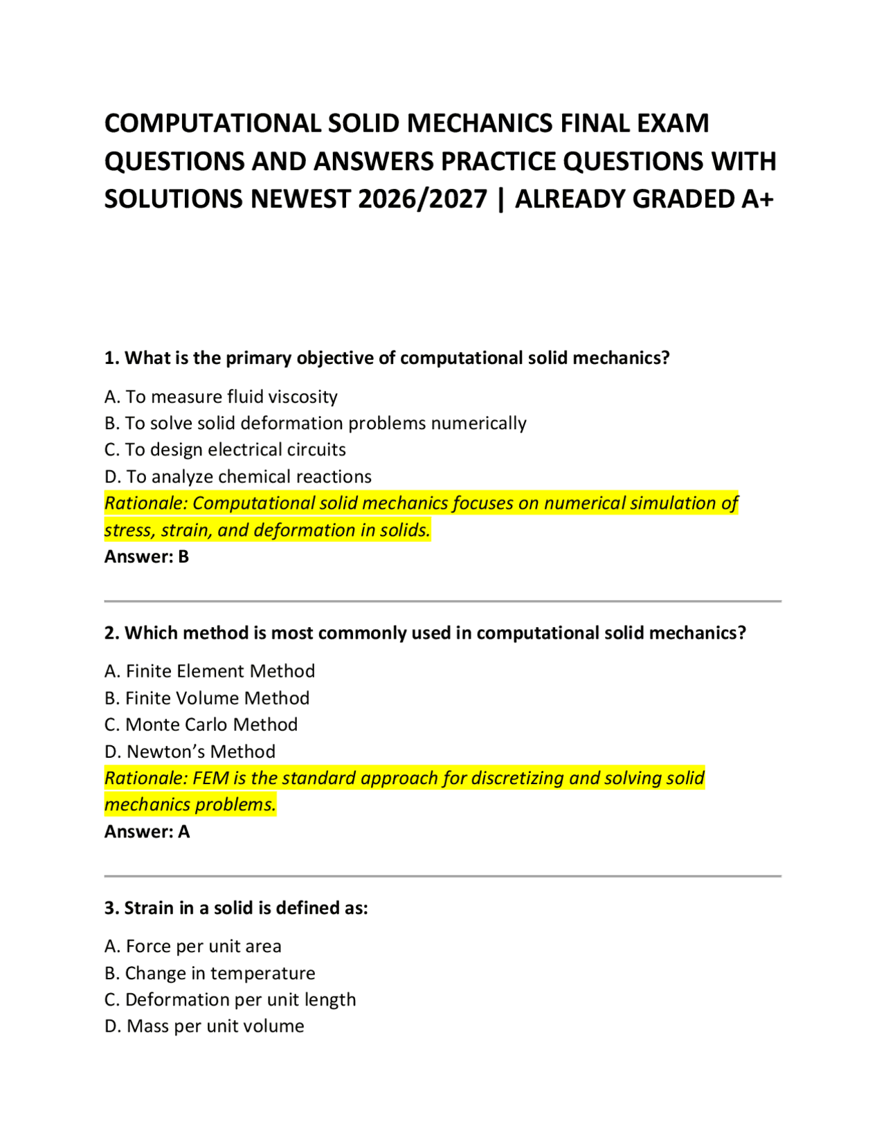 COMPUTATIONAL SOLID MECHANICS FINAL EXAM QUESTIONS AND ANSWERS PRACTICE ...