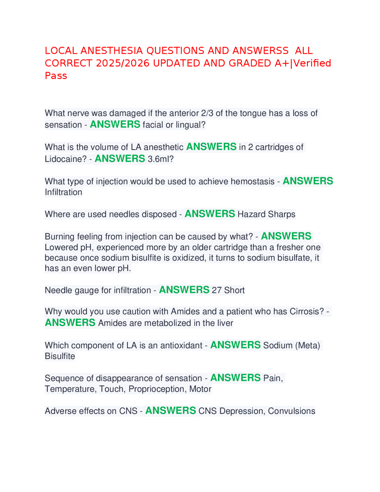 LOCAL ANESTHESIA QUESTIONS AND ANSWERSS ALL CORRECT 2025/2026 UPDATED ...