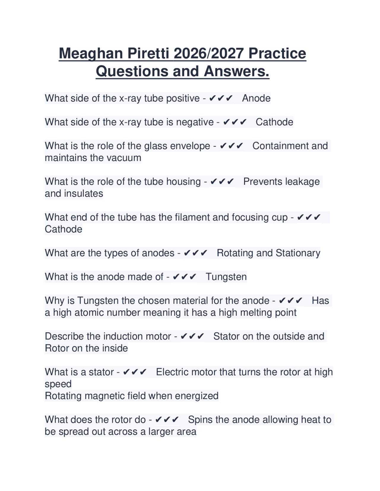 Meaghan Piretti 2026/2027 Practice Questions and Answers. | Exams Radiology | Docsity